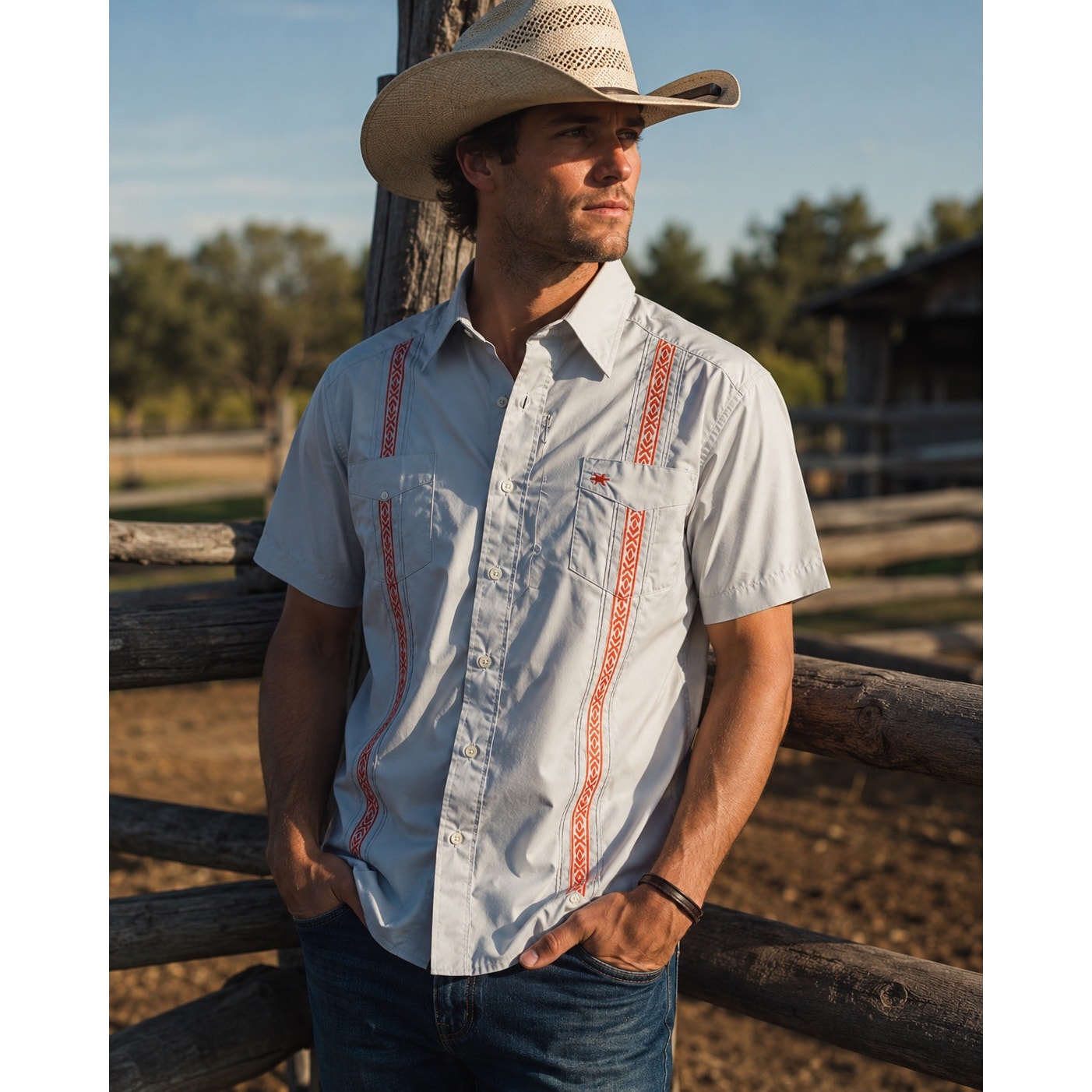 Texas Standard Guayabera Libre Western Performance Shirt in Gray and Orange — Size XL // Preowned
