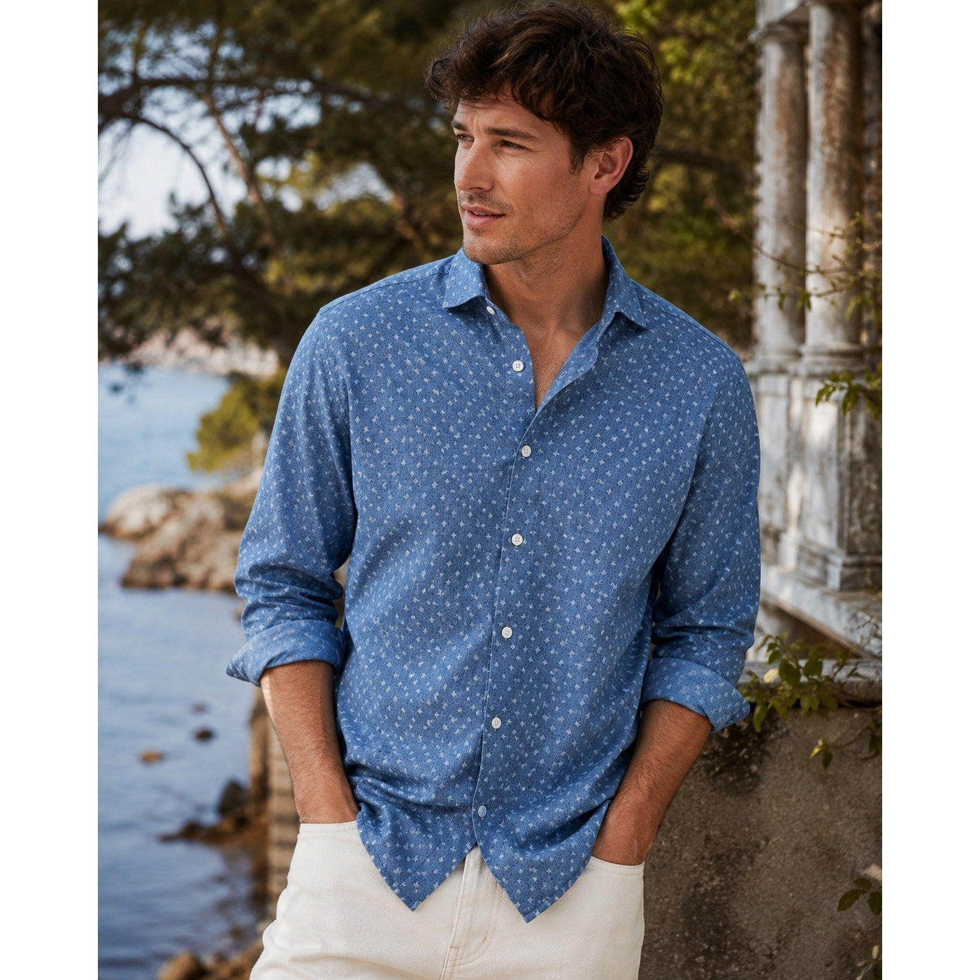 Proper Cloth Starburst Long Sleeve Shirt in Vintage Wash Blue, White — Size 2XL // Preowned