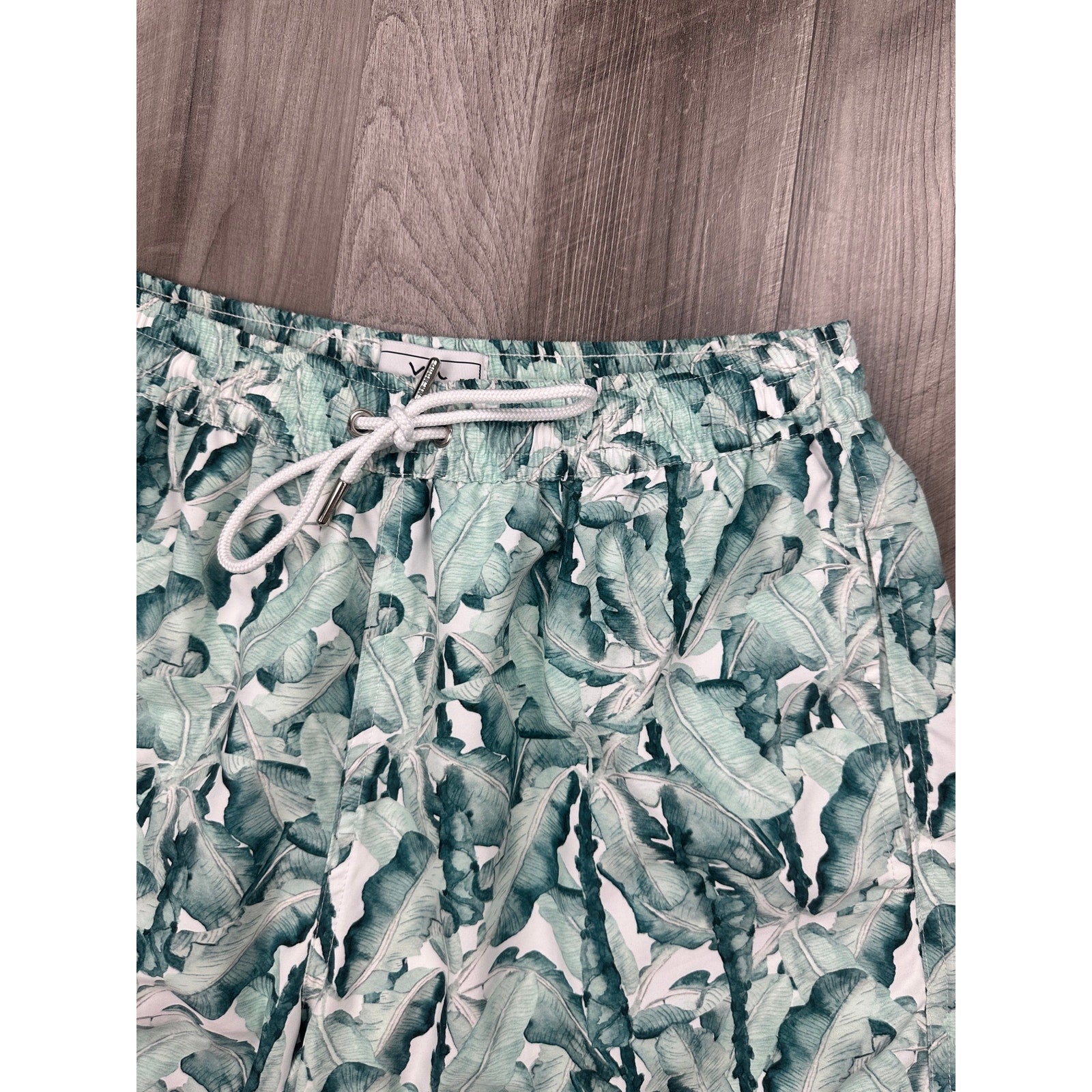 Mr. Mood Tropical Palms Swim Trunks in Green, White — Size Medium // Preowned