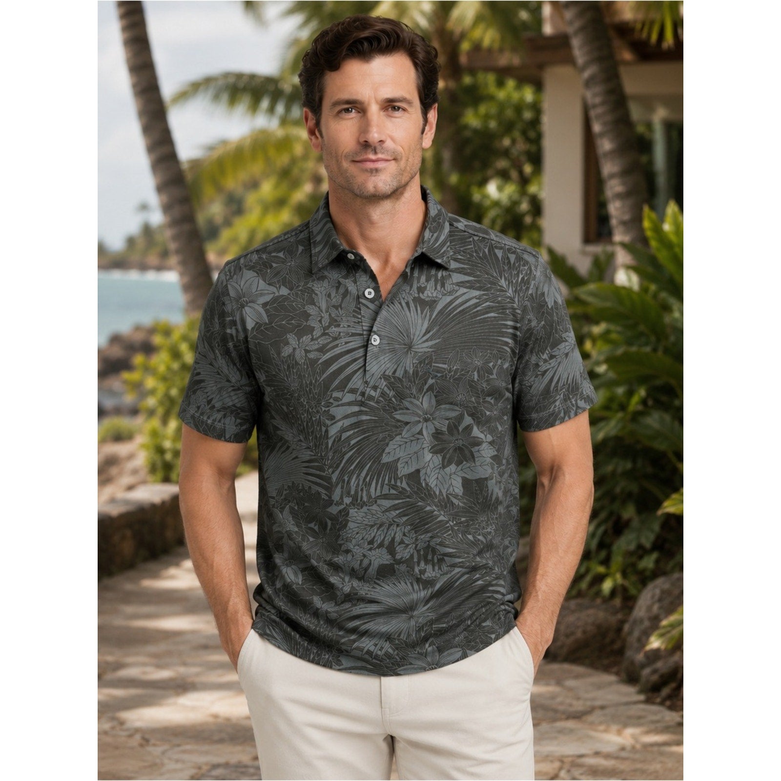 Tommy Bahama Hawaiian Floral Tropical Coal Polo - Medium