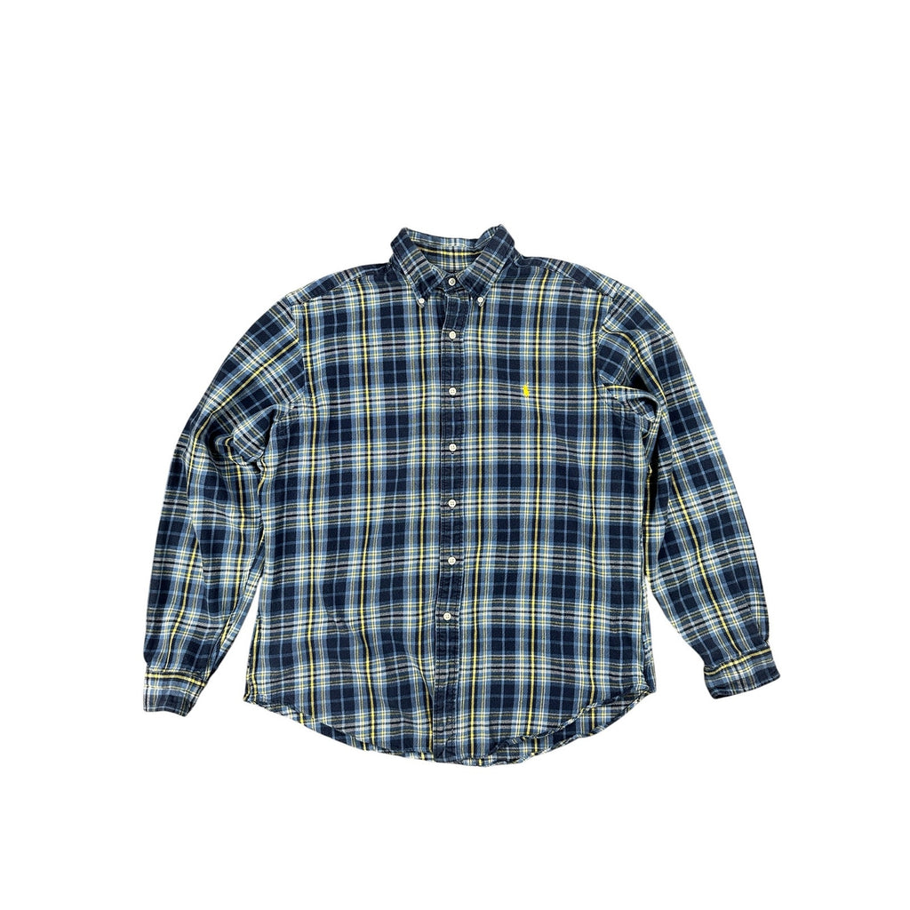 Ralph Lauren Vintage Classic Fit Flannel Plaid Long Sleeve Button Down in Navy Blue Yellow and White — Size Large // Preowned