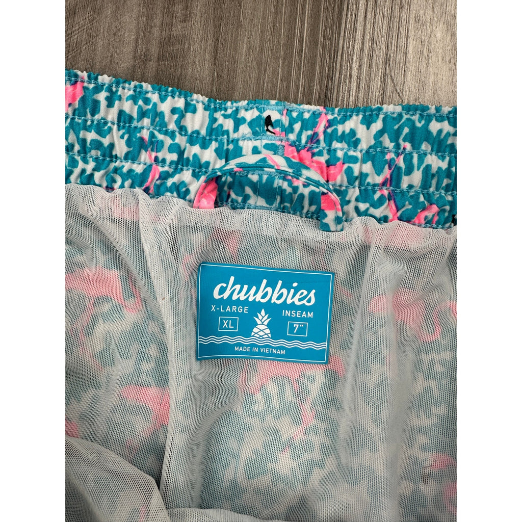 Chubbies Domingos For Flamingos 7" Swim Trunks in Turquoise, Pink and White — Size XL // Preowned