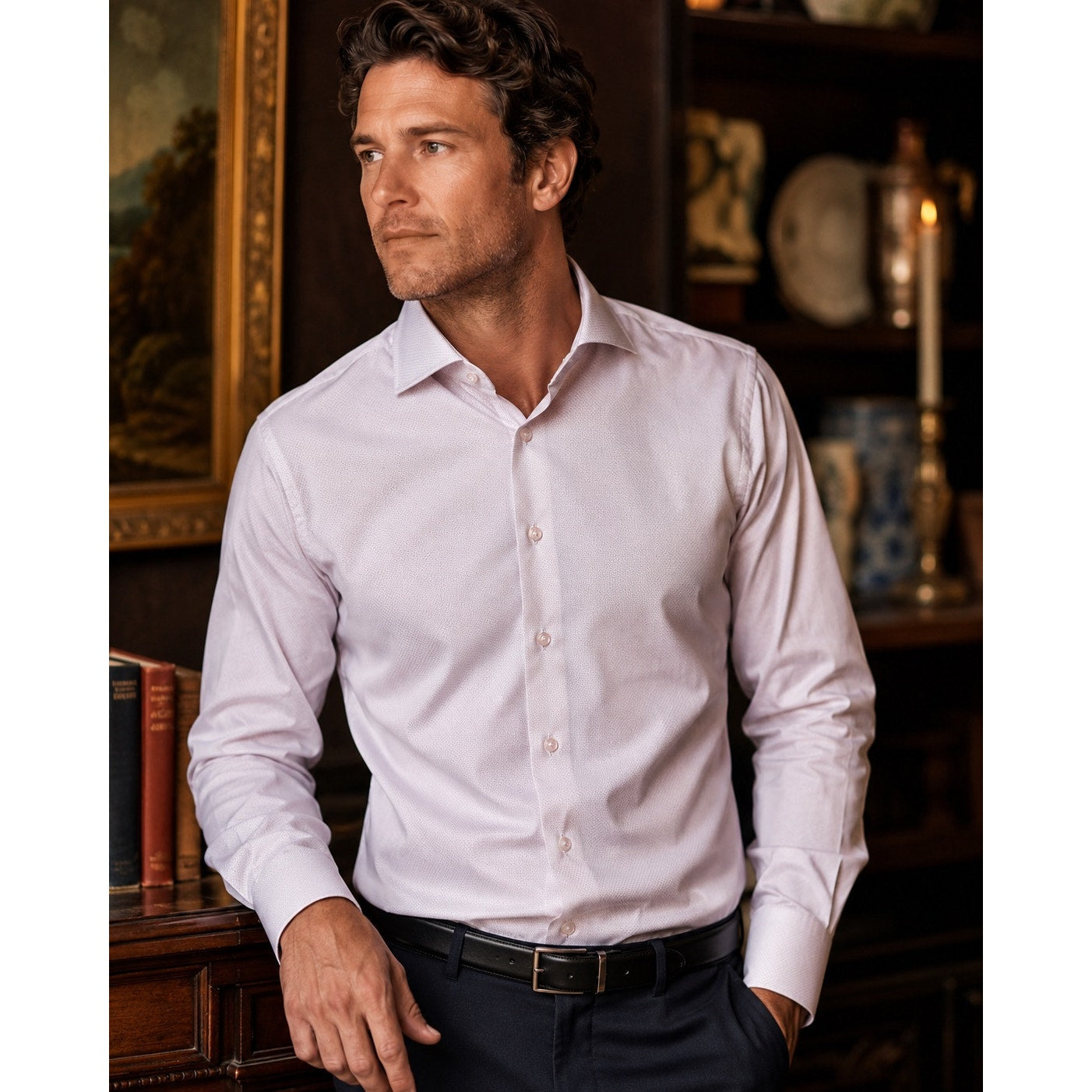 Eton Contemporary Fit Fine Twill Geometric Long Sleeve Shirt in Dark Pink, White — Size 15.5 (Medium) // Preowned