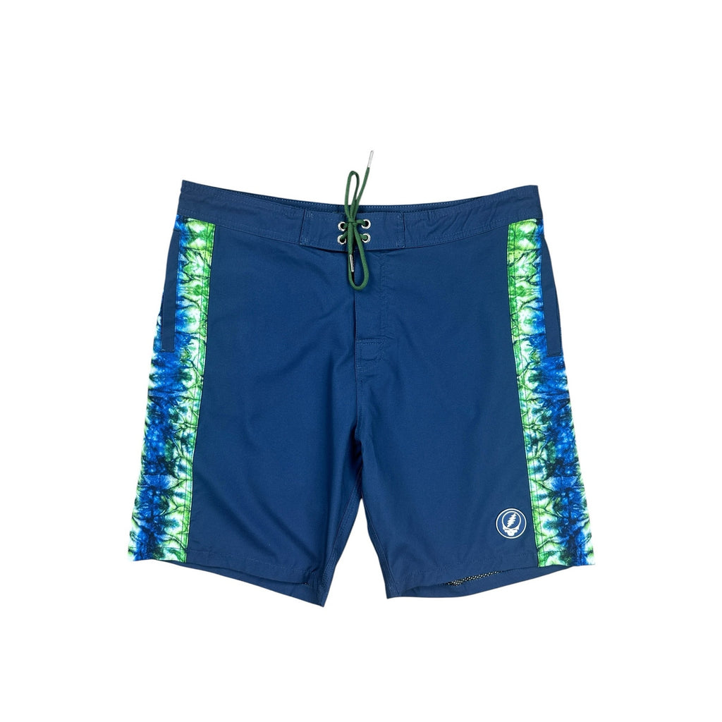 Section 119 x Grateful Dead Bolt Skeleton Hybrid Board Shorts in Navy with Green White Blue Stripes — Size 34