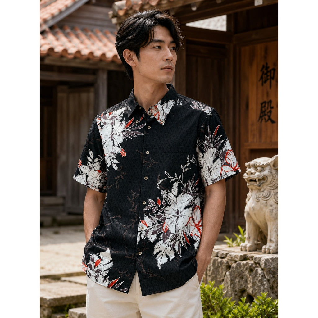 Kahu Kariyushi Wear Ryukyu Style Hawaiian Short Sleeve Button Down in Black Multi — Size 2XL // Preowned