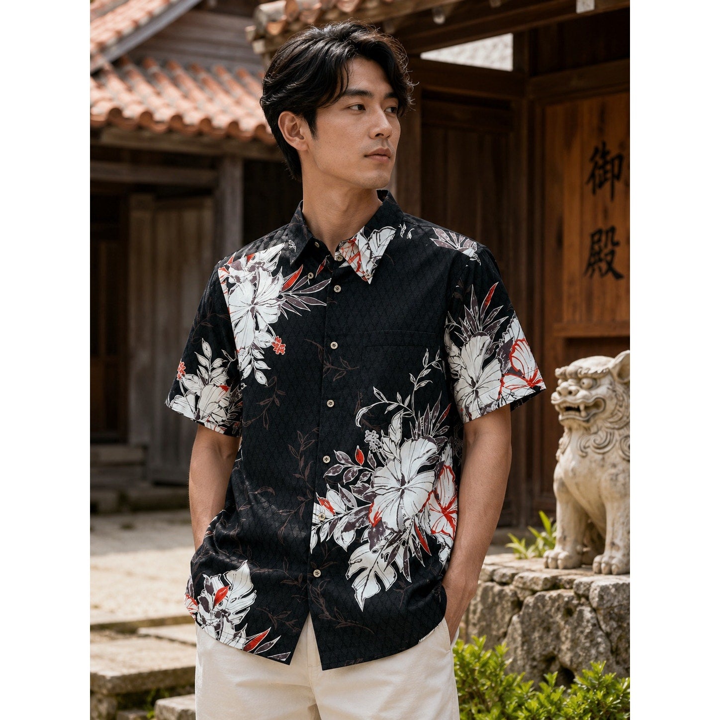 Kahu Kariyushi Wear Ryukyu Style Hawaiian Short Sleeve Button Down in Black Multi — Size 2XL // Preowned
