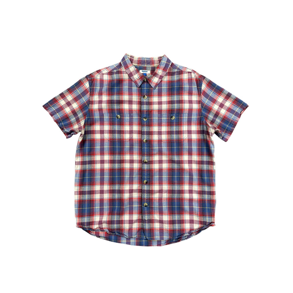 A.P.C. Madras Plaid Short Sleeve Button Down Shirt in Blue Red Ivory Yellow — Size Large // Preowned