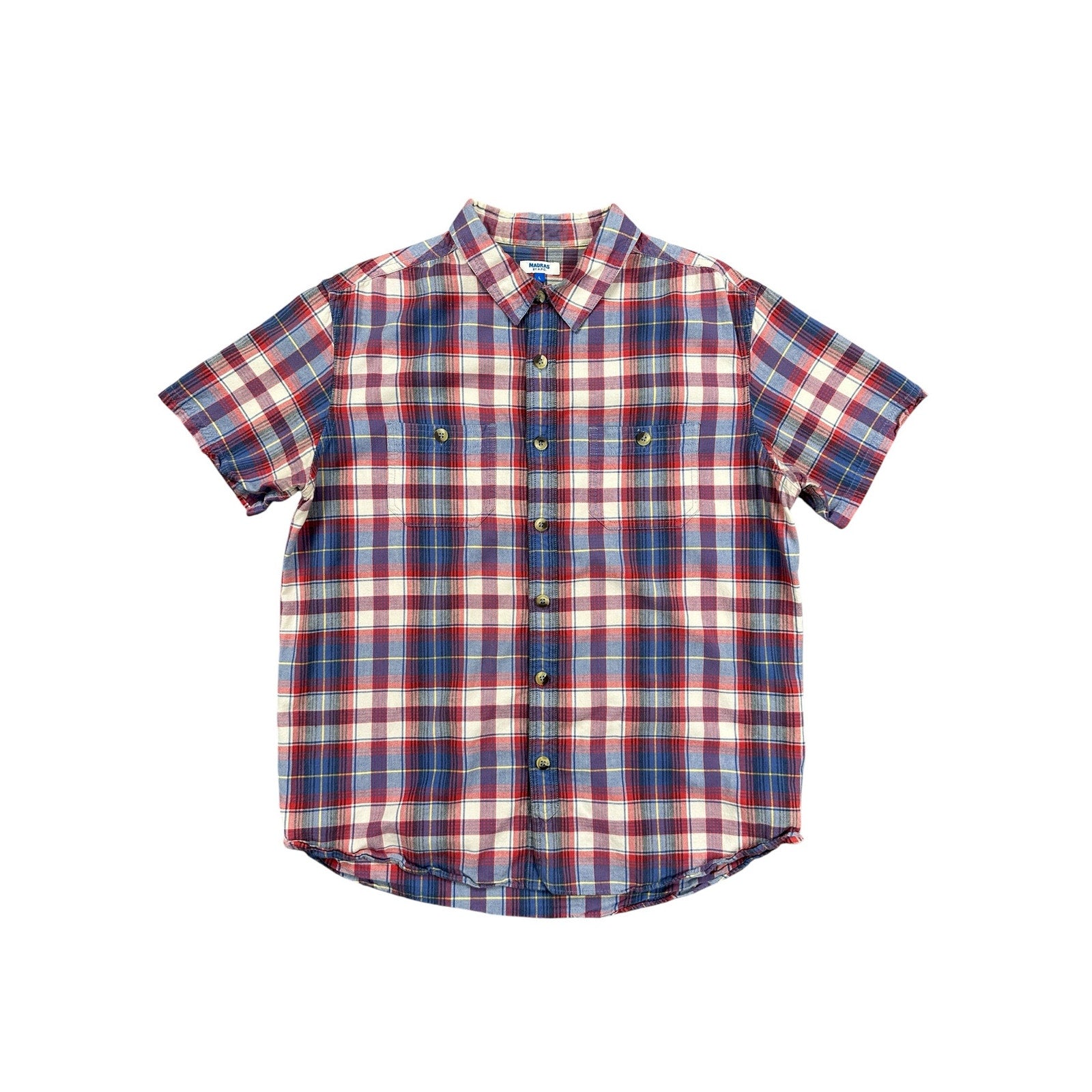 A.P.C. Madras Plaid Short Sleeve Button Down Shirt in Blue Red Ivory Yellow — Size Large // Preowned