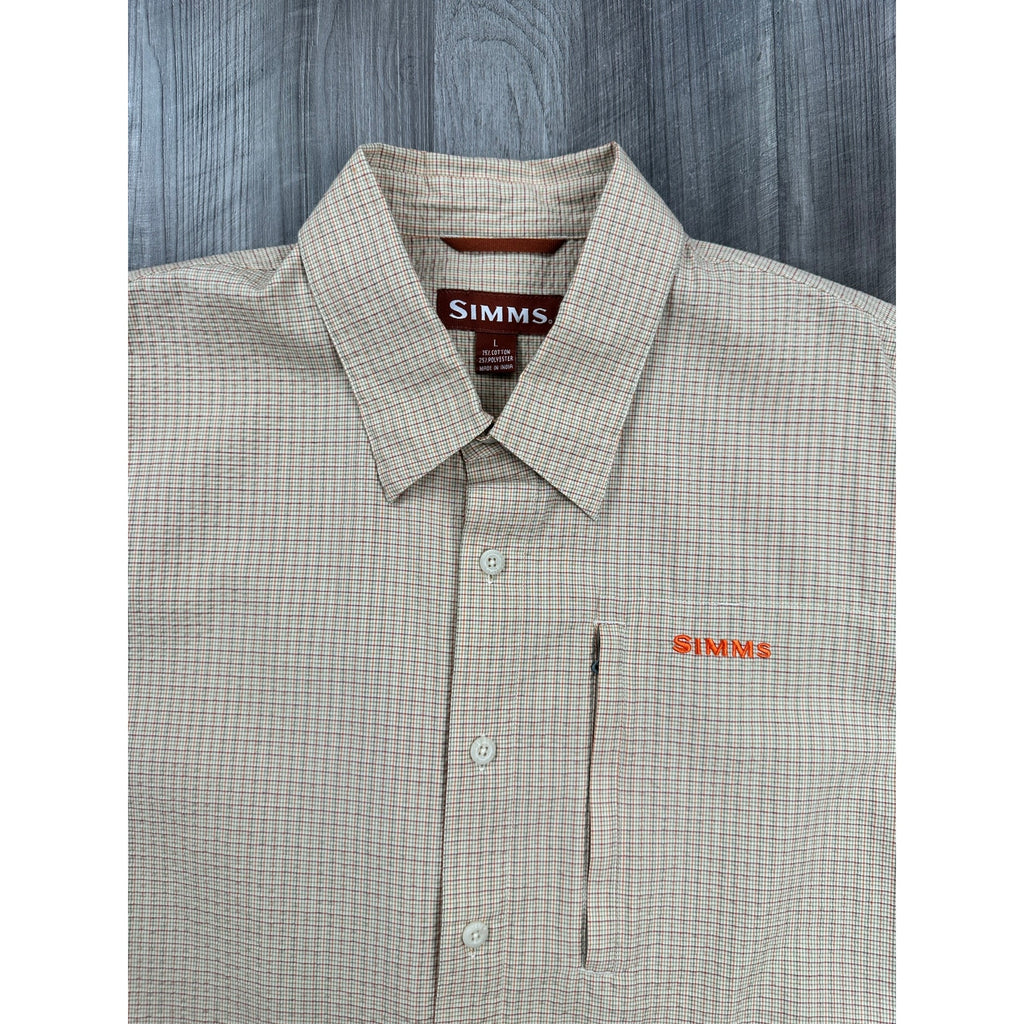 Simms Plaid Seersucker COR3 Short Sleeve Fishing Shirt in Cream Tan Olive Red Orange — Size Large // Preowned