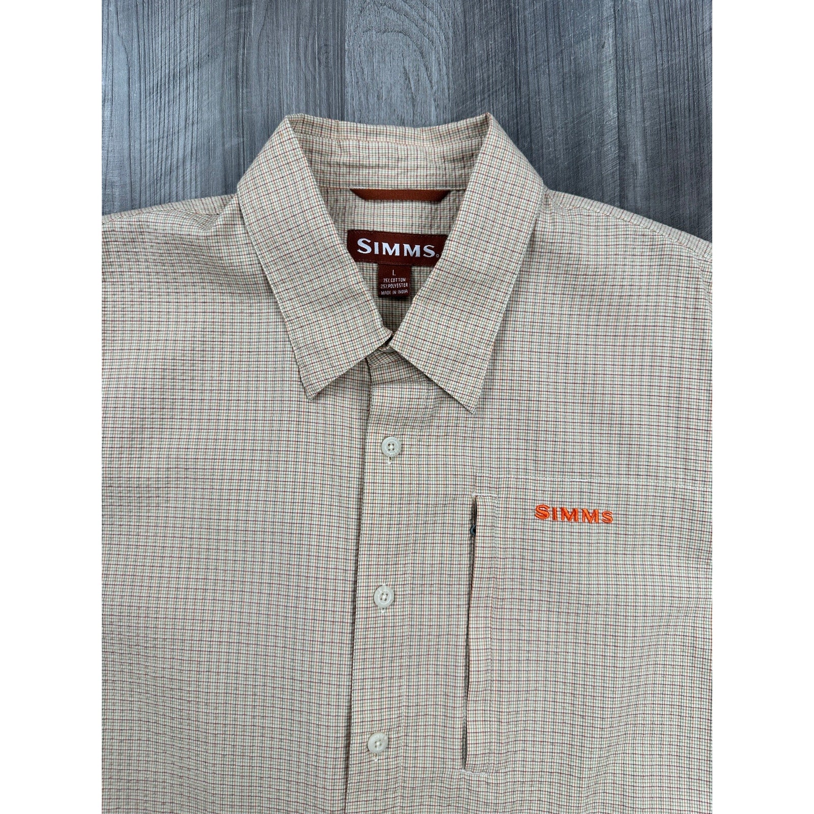 Simms Plaid Seersucker COR3 Short Sleeve Fishing Shirt in Cream Tan Olive Red Orange — Size Large // Preowned