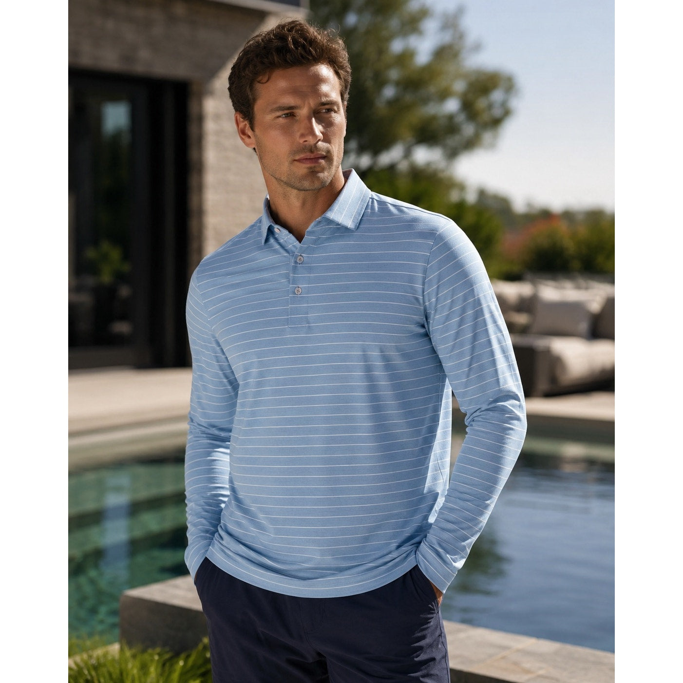 KJUS Soren Melange Stripe Long Sleeve Polo in Poolside, White — Size 56 (2XL)