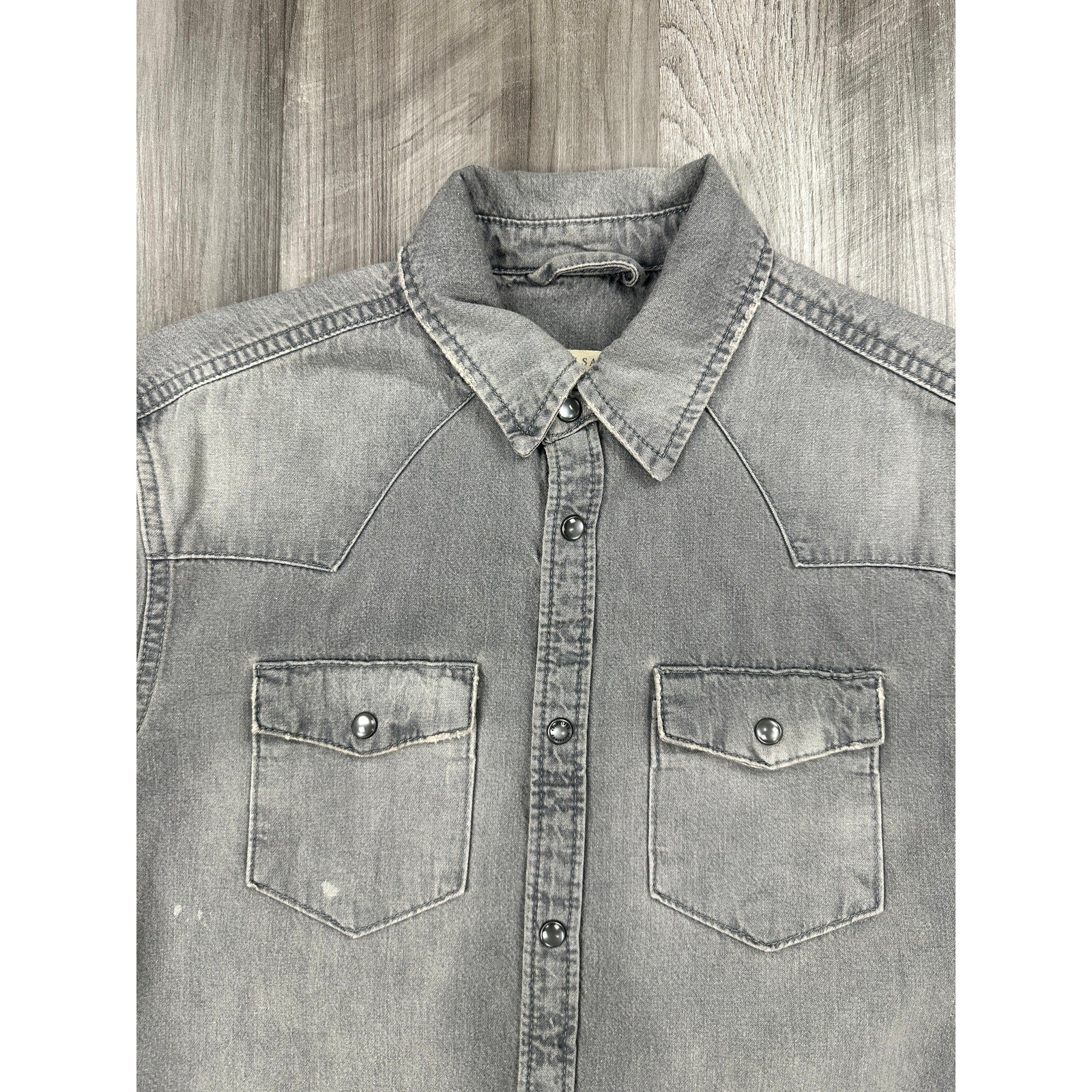 Allsaints Gino Distressed Denim Long Sleeve Pearl Snap in Gray — Size XS // Preowned