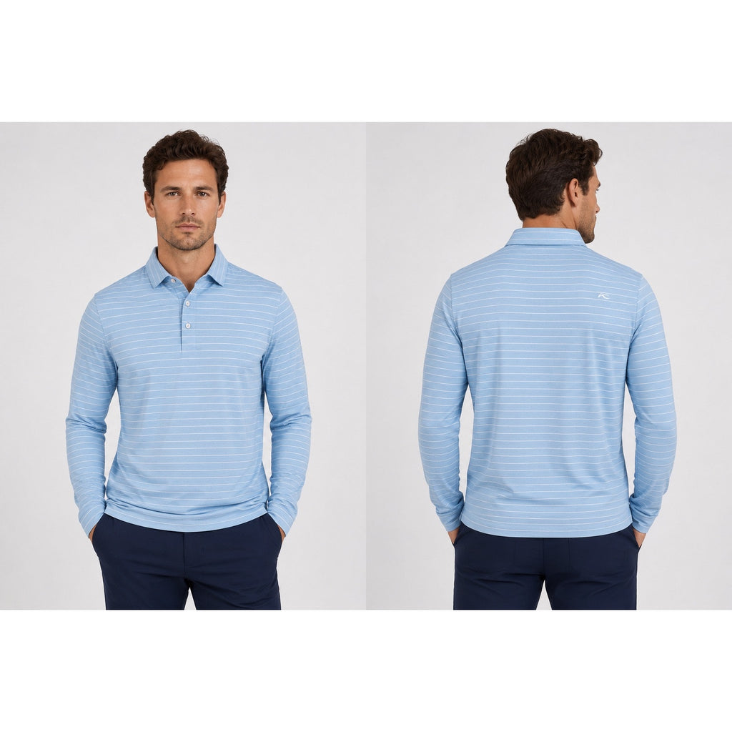 KJUS Soren Melange Stripe Long Sleeve Polo in Poolside, White — Size 56 (2XL)