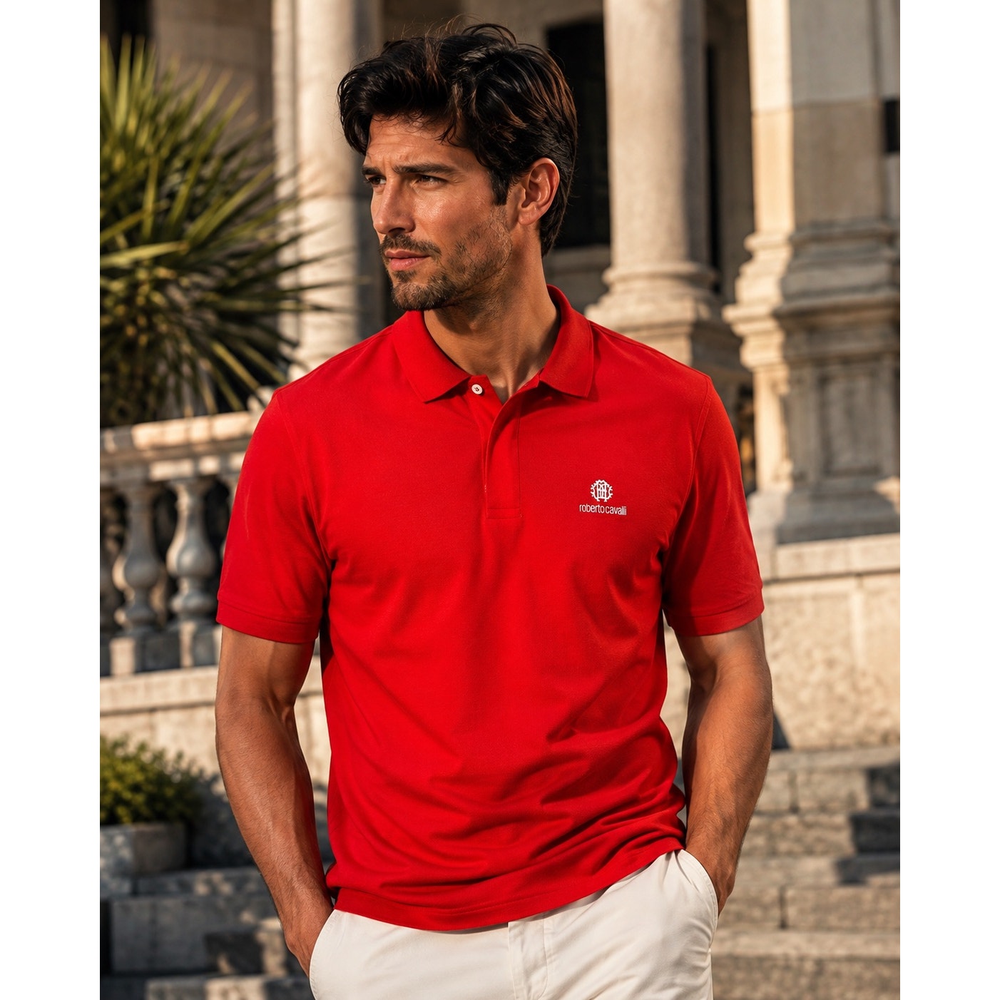 Roberto Cavalli Pique Knit Cotton Polo in Red — Size Large // Preowned