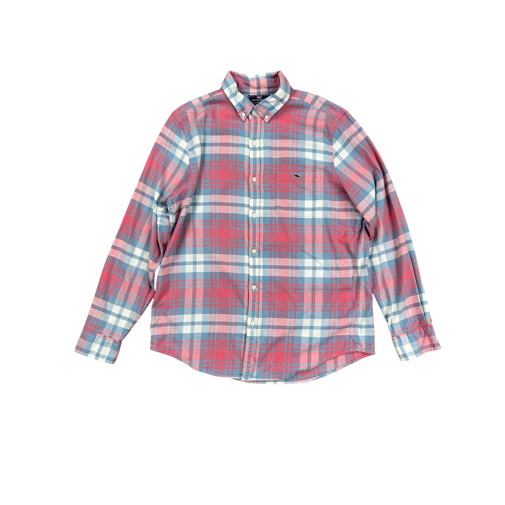 Vineyard Vines Slim Fit Tucker Shirt in Pink Blue Gray White Plaid Linen Blend — Size Large