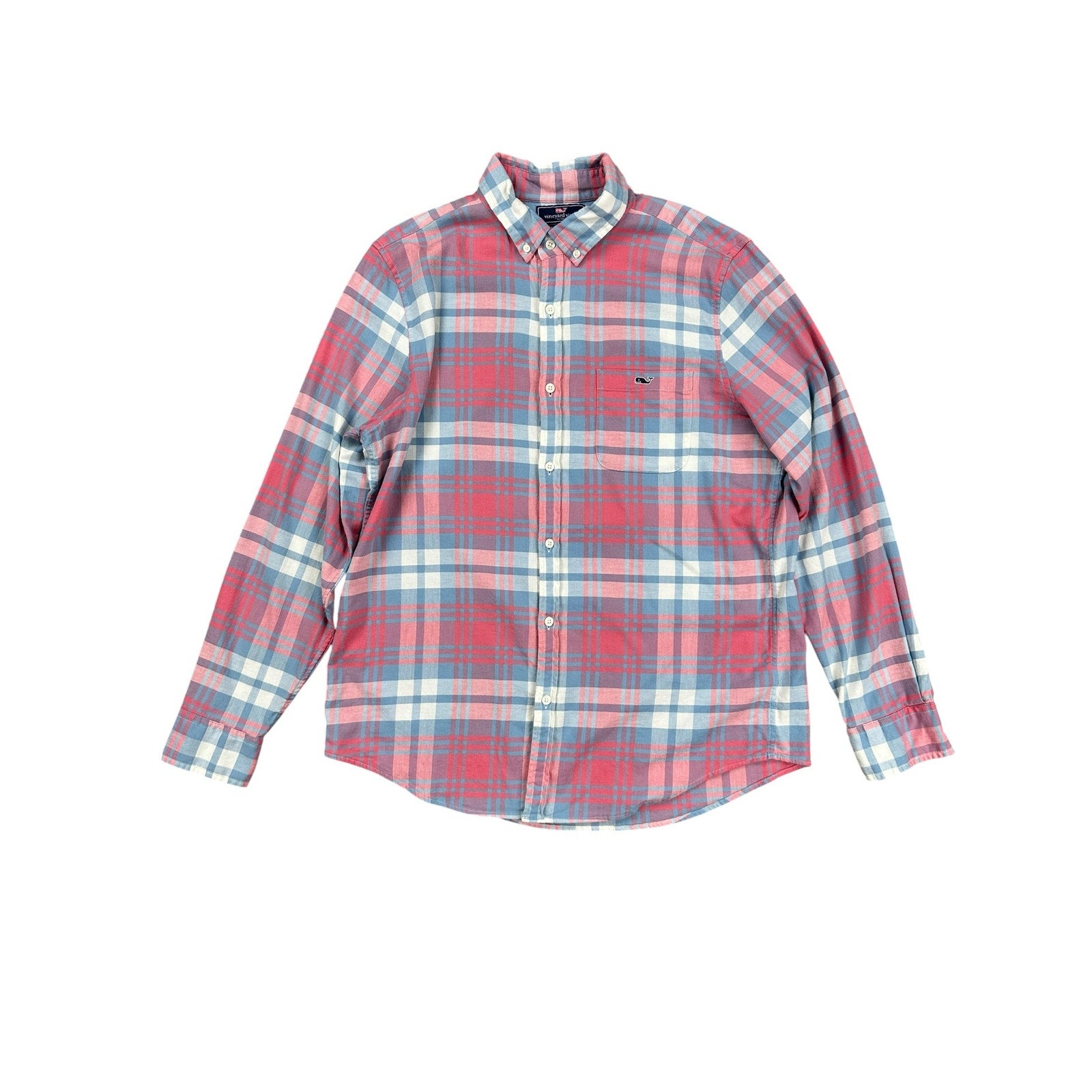 Vineyard Vines Slim Fit Tucker Shirt in Pink Blue Gray White Plaid Linen Blend — Size Large
