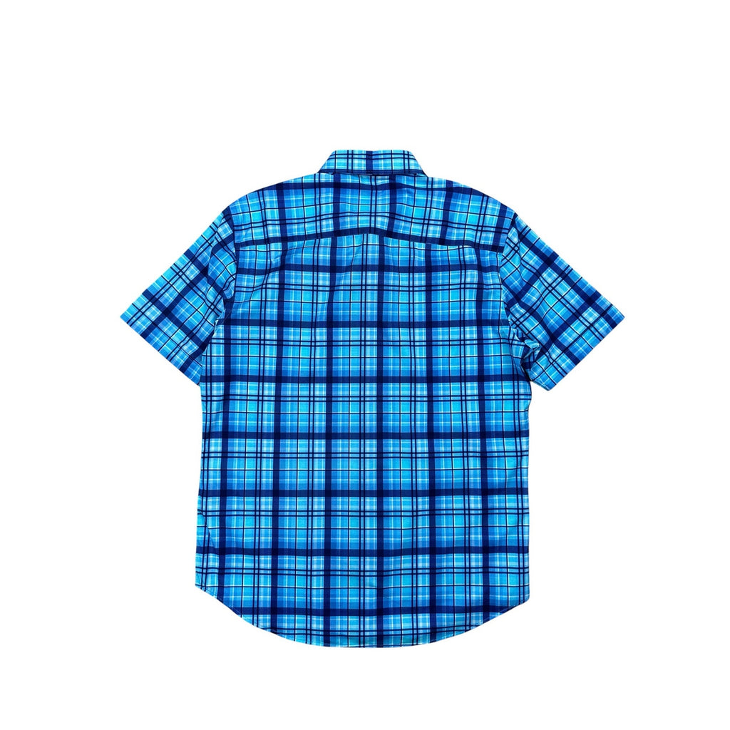 Bugatchi Plaid OoohCotton 8 Way Stretch Short Sleeve Shirt in Classic Blue — Size Medium