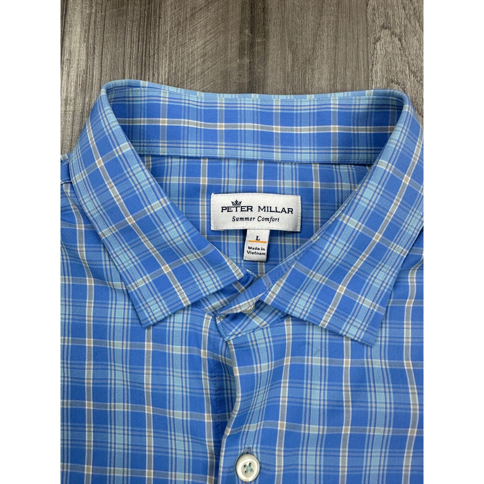 Peter Millar Summer Comfort Plaid Eagle Point Golf Club Long Sleeve Button Down in Blue Tan White — Size Large // Preowned