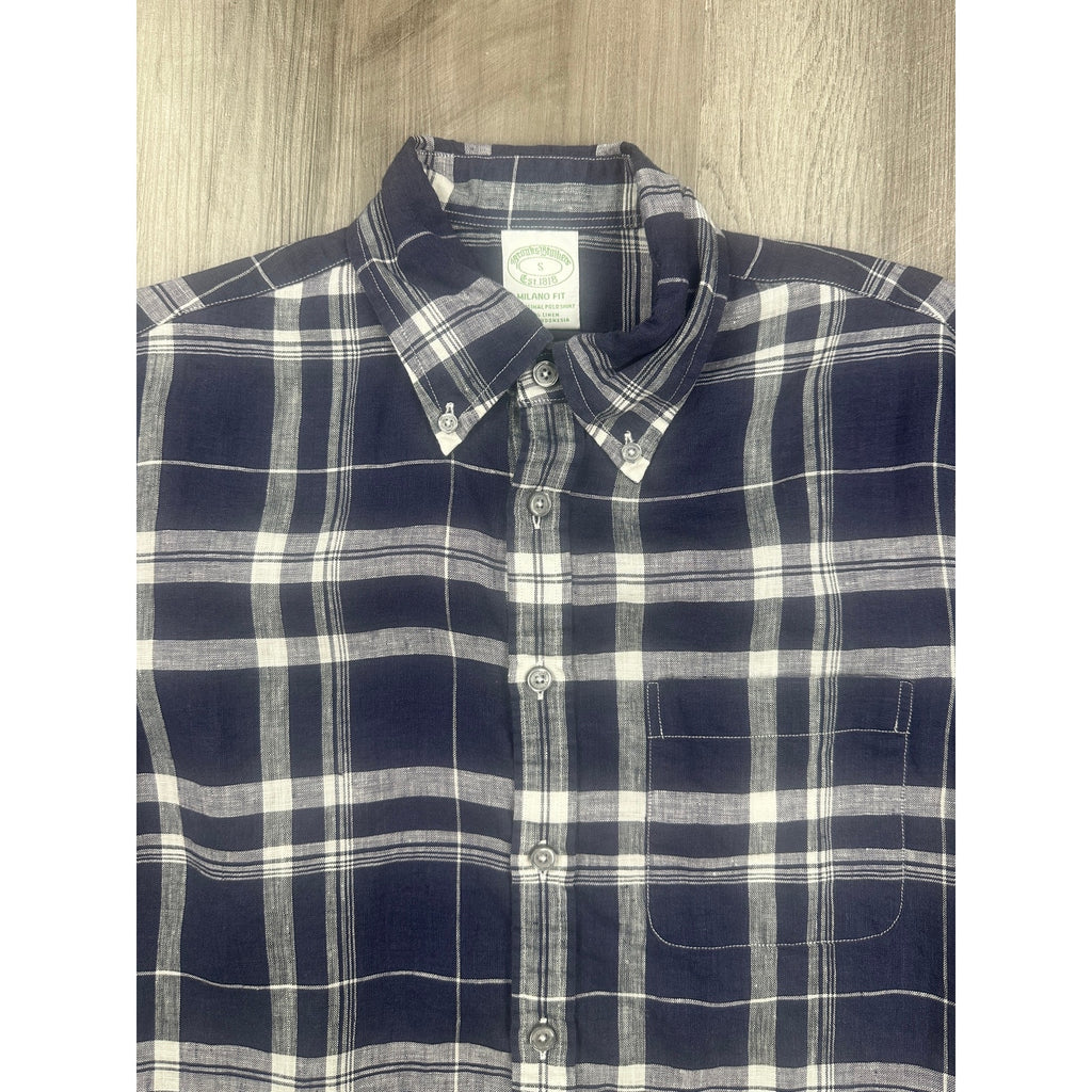 Brooks Brothers Milano Fit Baird McNutt Irish Linen Plaid Long Sleeve Button Down in Navy White — Size Small // Preowned