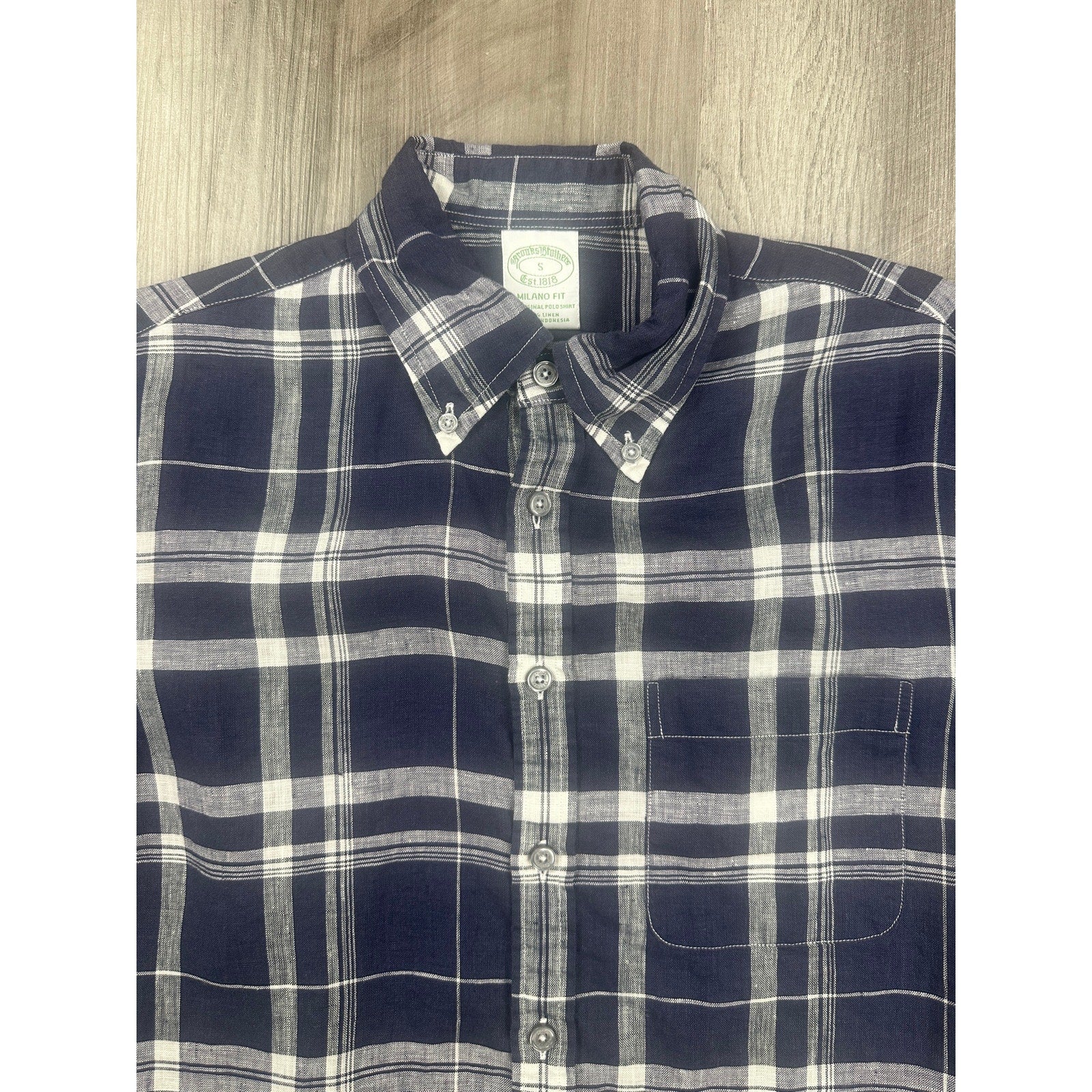 Brooks Brothers Milano Fit Baird McNutt Irish Linen Plaid Long Sleeve Button Down in Navy White — Size Small // Preowned