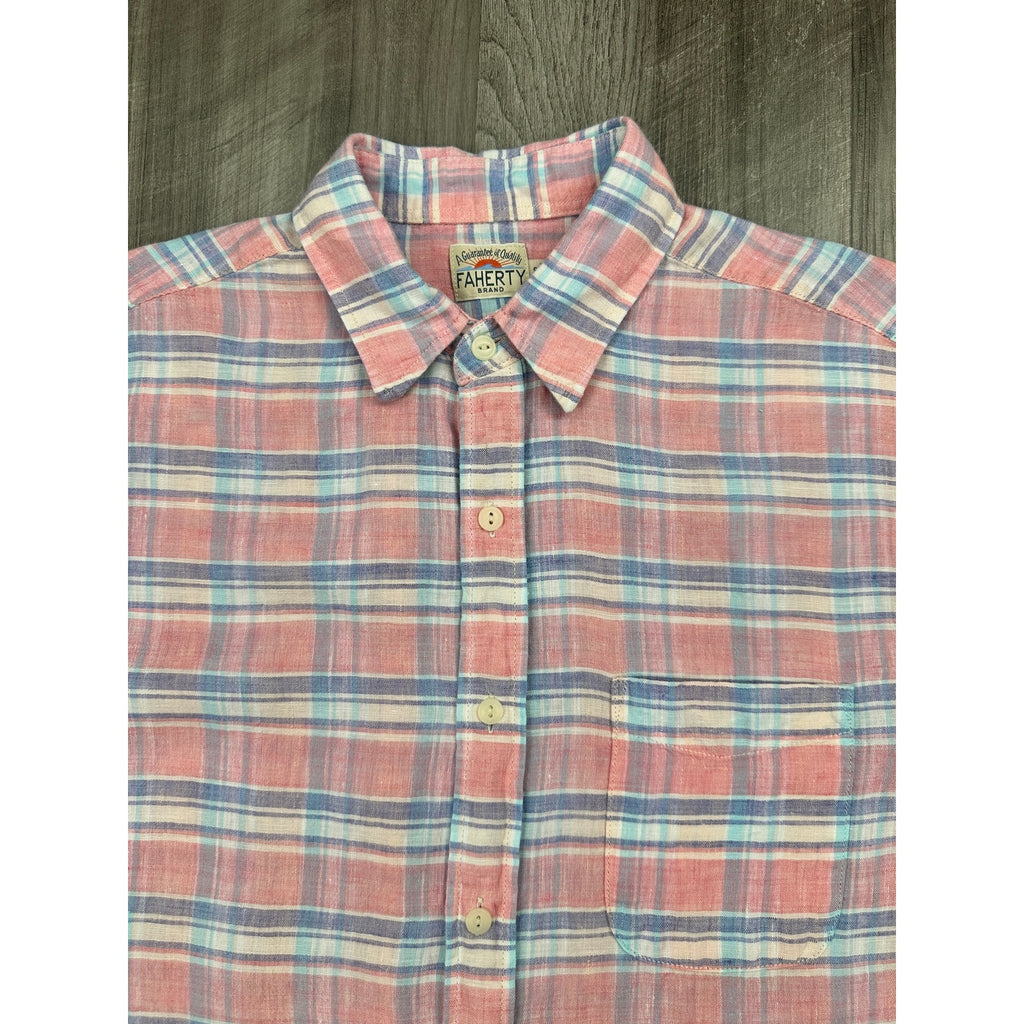 Faherty Linen Plaid Long Sleeve Button Down in Pink, Blue, Purple, White — Size Small // Preowned