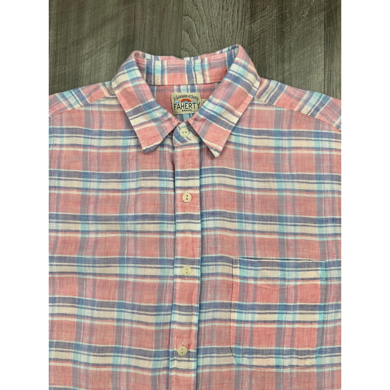 Faherty Linen Plaid Long Sleeve Button Down in Pink, Blue, Purple, White — Size Small // Preowned