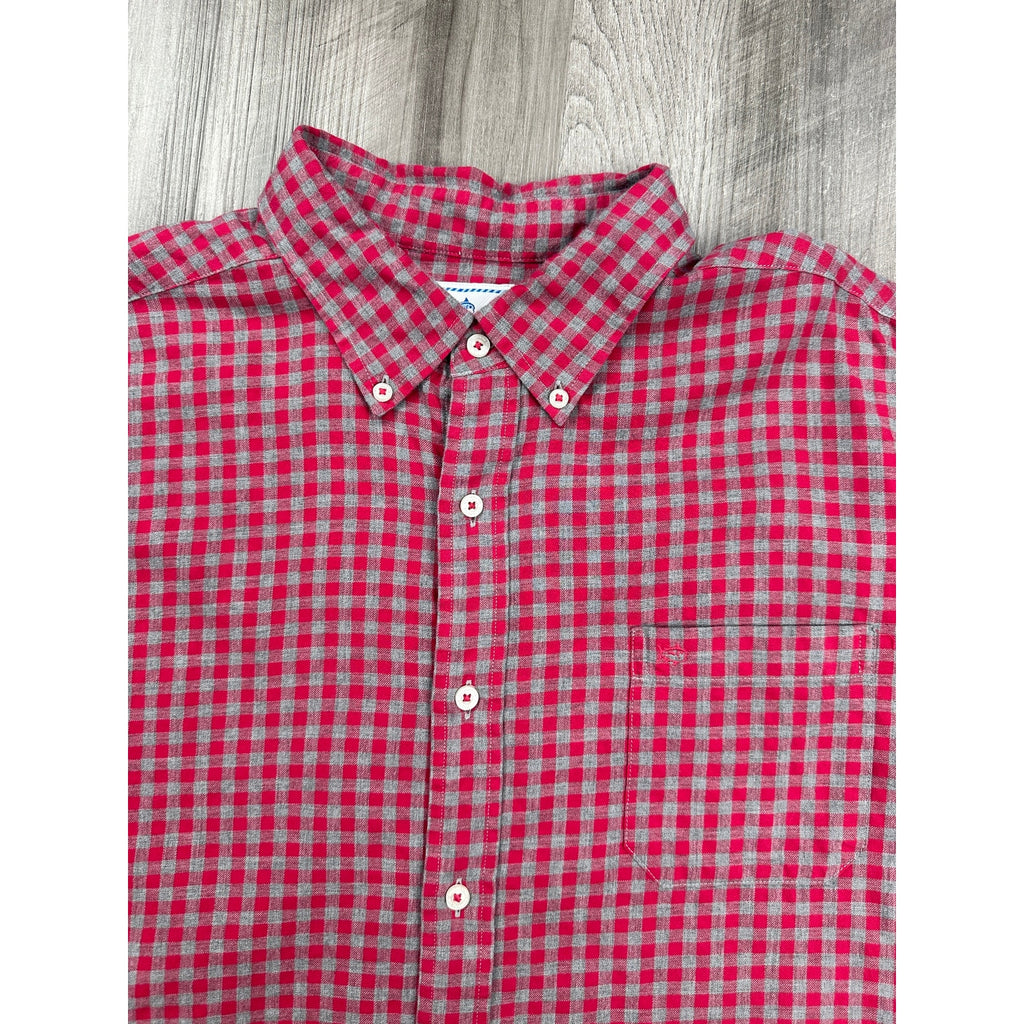 Southern Tide Classic Fit Gingham Check Button Down Shirt in Dark Pink Gray — Size XL