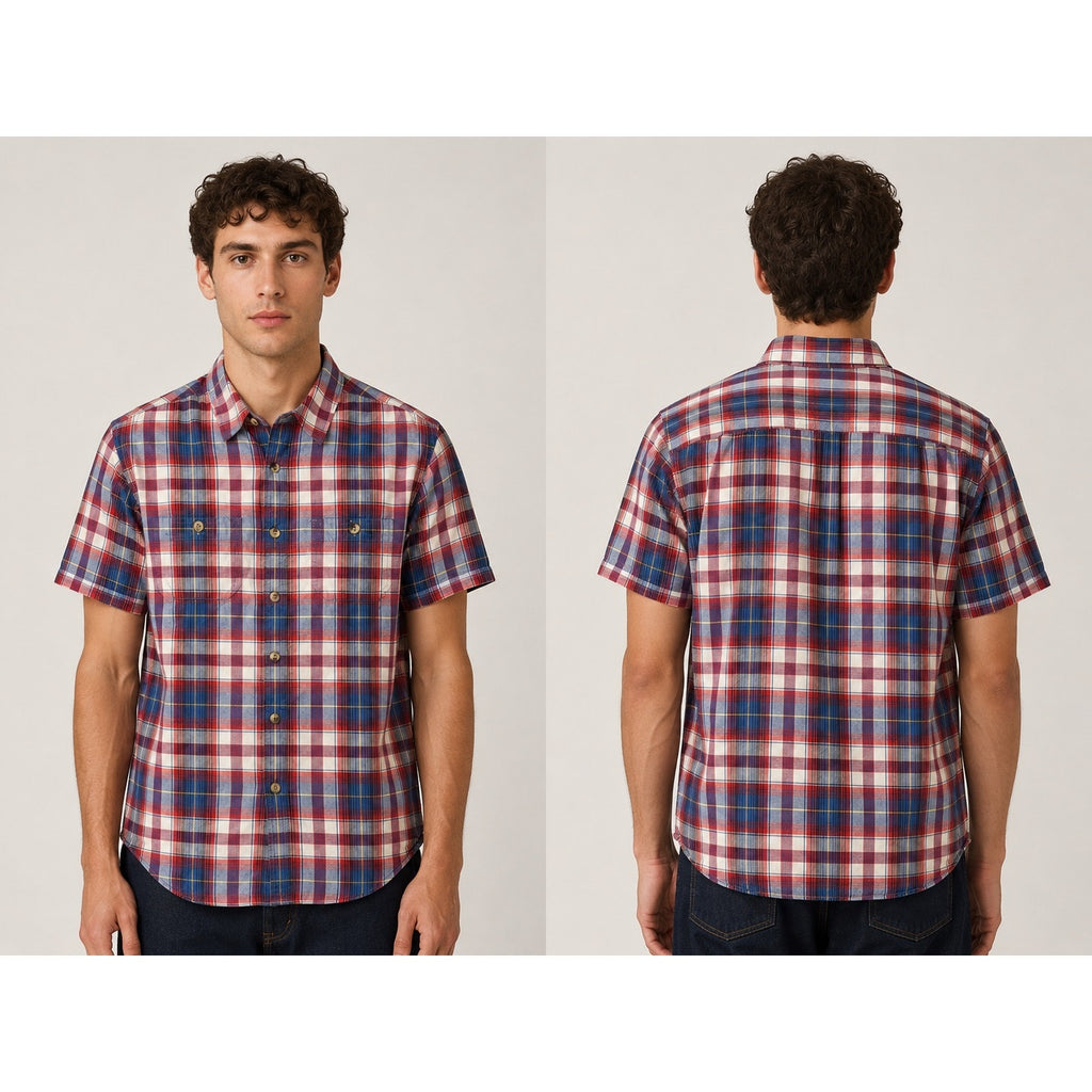 A.P.C. Madras Plaid Short Sleeve Button Down Shirt in Blue Red Ivory Yellow — Size Large // Preowned