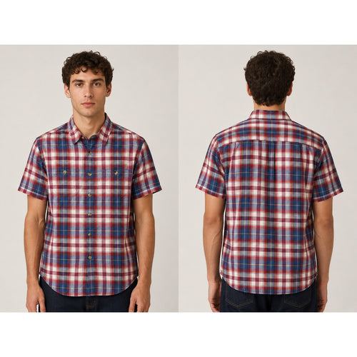 A.P.C. Madras Plaid Short Sleeve Button Down Shirt in Blue Red Ivory Yellow — Size Large // Preowned