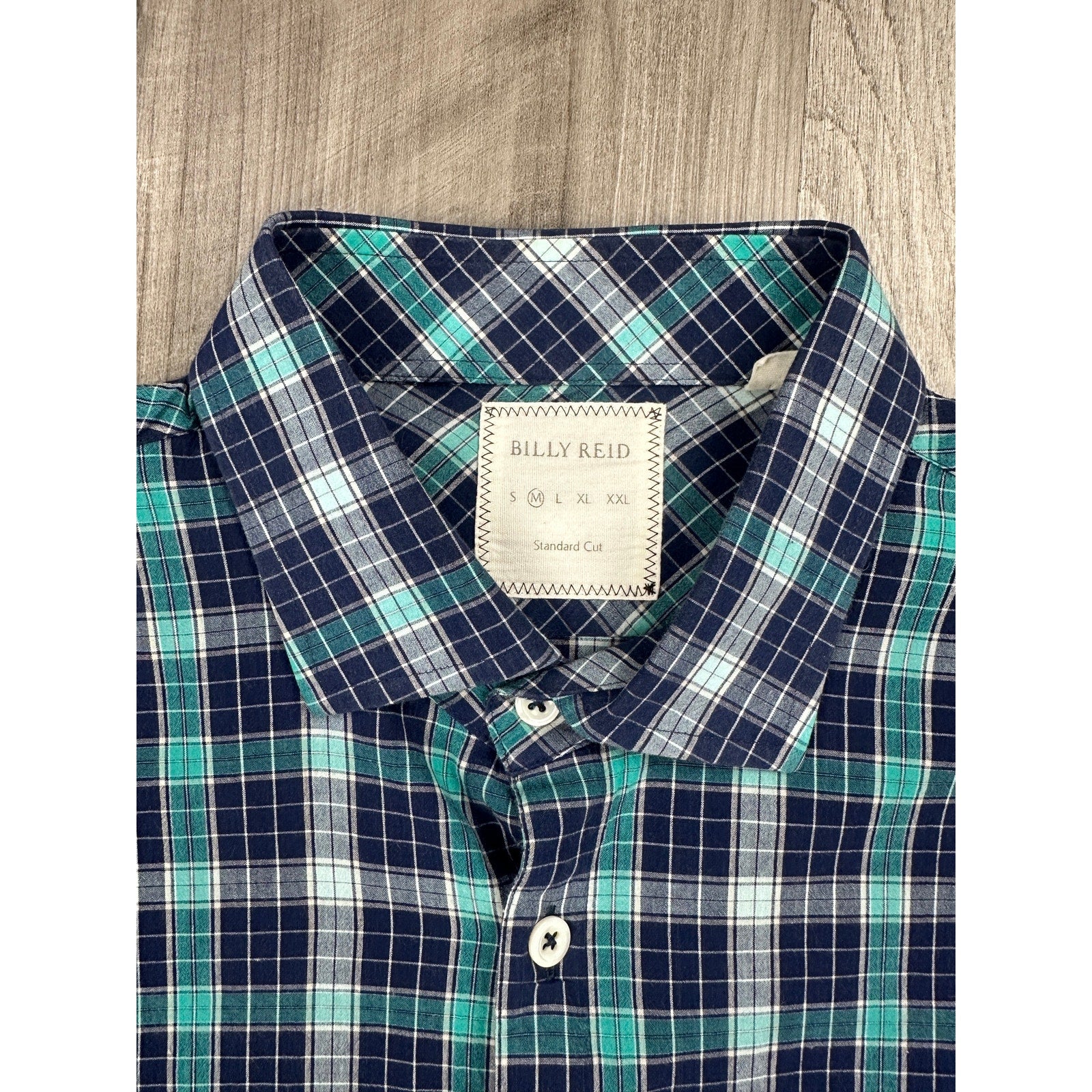 Billy Reid Standard Cut Plaid Long Sleeve Shirt in Navy, Teal, White — Size Medium // Preowned