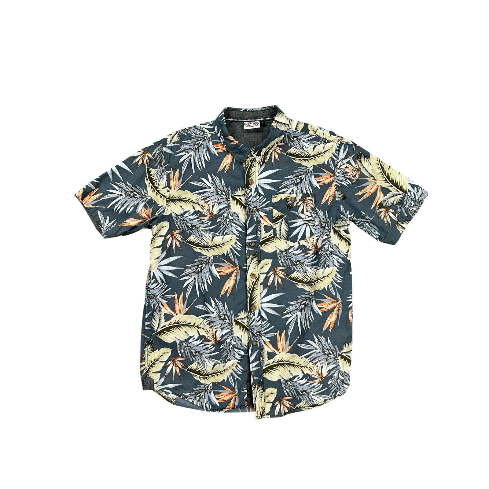 Ron Jon Surf Shop Hawaiian Tropical Short Sleeve Button Down in Dark Slate Blue Green Orange — Size Medium // Preowned