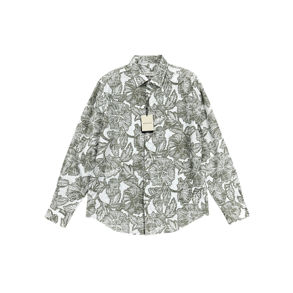 Bugatchi Julian Floral Linen Cotton Shaped Fit Long Sleeve Button Down in Olive White — Size Medium