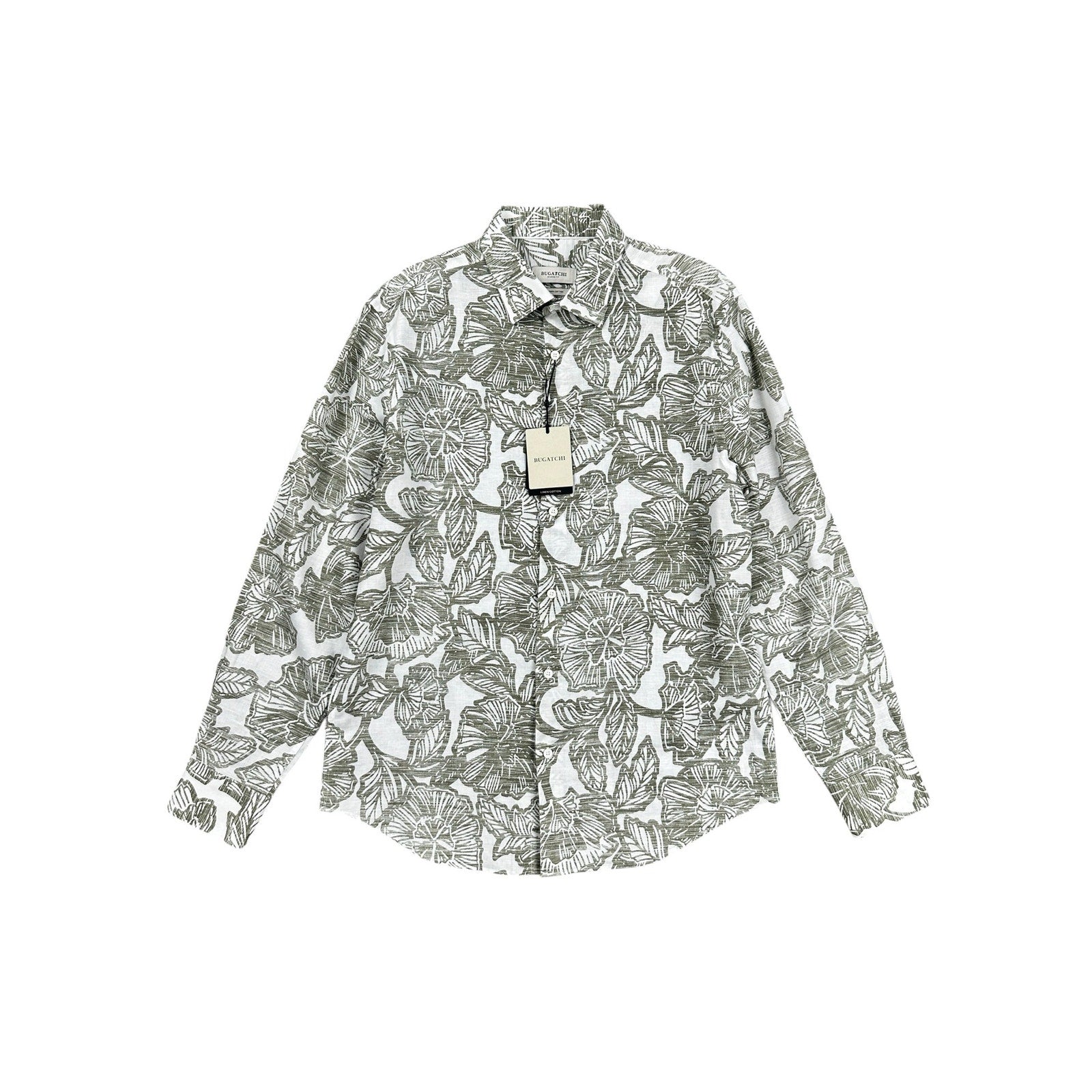 Bugatchi Julian Floral Linen Cotton Shaped Fit Long Sleeve Button Down in Olive White — Size Medium