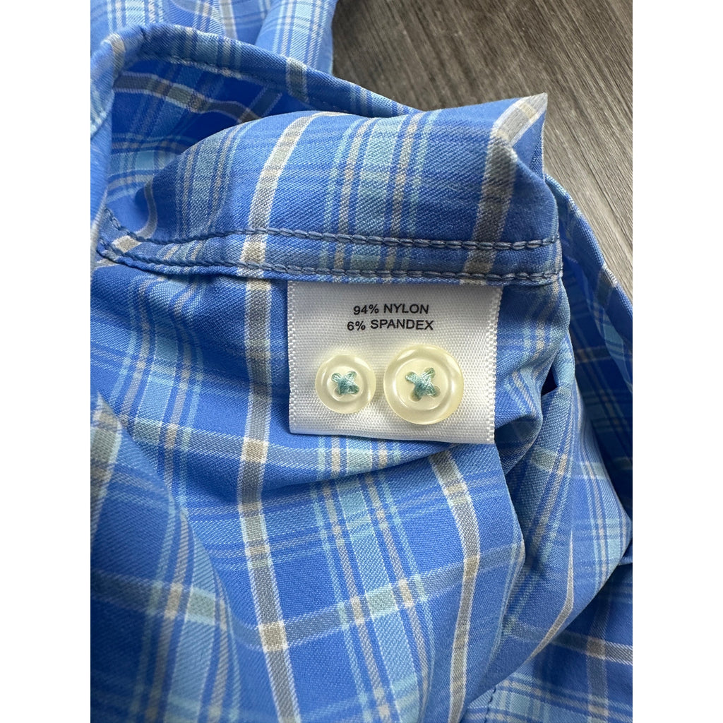 Peter Millar Summer Comfort Plaid Eagle Point Golf Club Long Sleeve Button Down in Blue Tan White — Size Large // Preowned