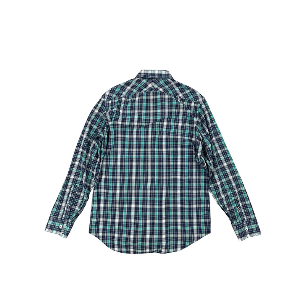 Billy Reid Standard Cut Plaid Long Sleeve Shirt in Navy, Teal, White — Size Medium // Preowned