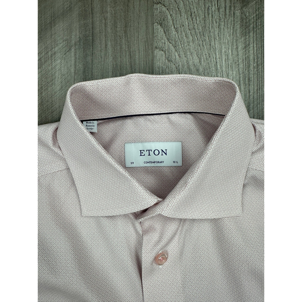 Eton Contemporary Fit Fine Twill Geometric Long Sleeve Shirt in Dark Pink, White — Size 15.5 (Medium) // Preowned