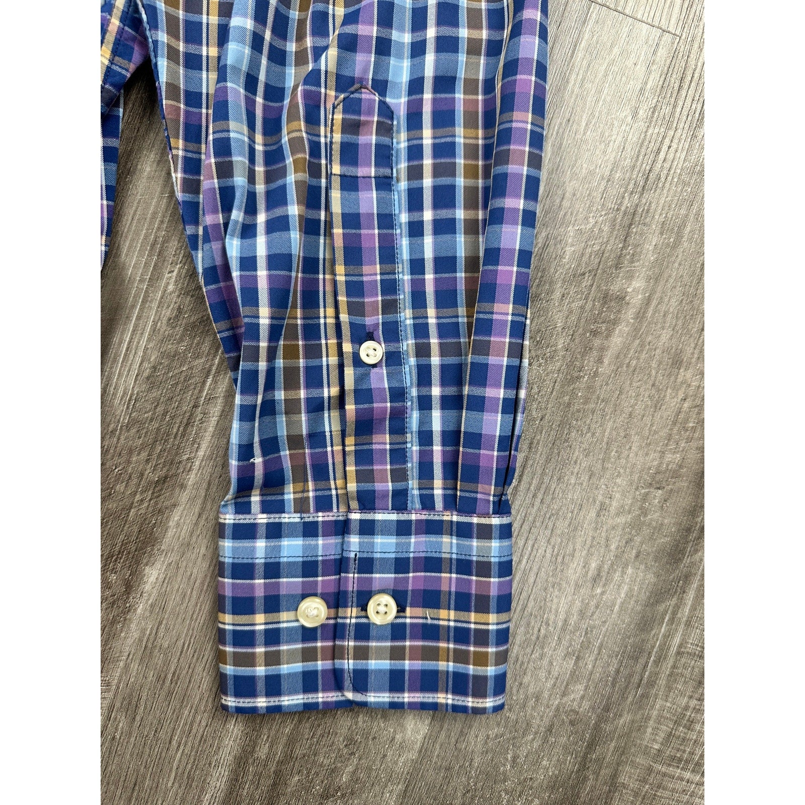 Peter Millar Summer Comfort Plaid Long Sleeve Shirt in Light Blue, Blue, Purple, Tan, White — Size Large // Preowned