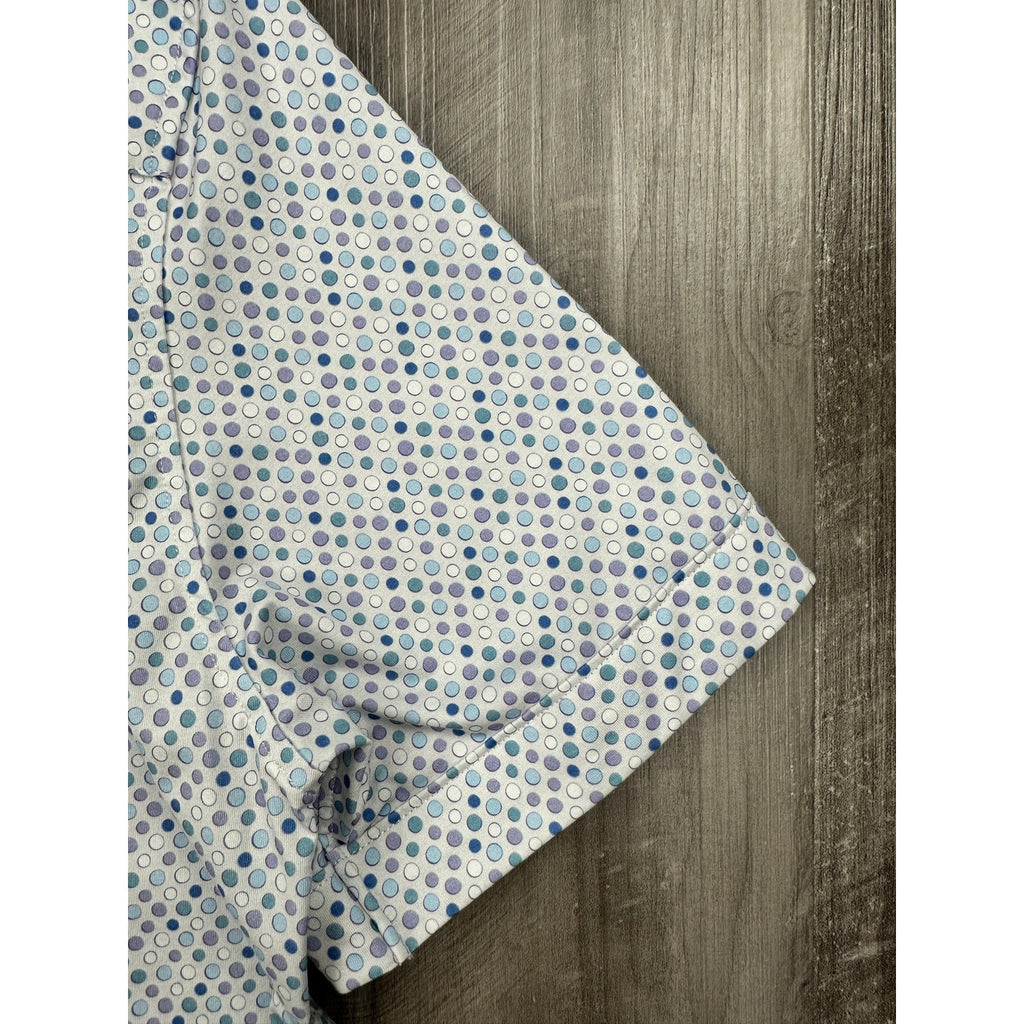 Bugatchi Miles Dot OoohCotton 8 Way Stretch Short Sleeve Shirt in Stone, Purple, Blue — Size Small