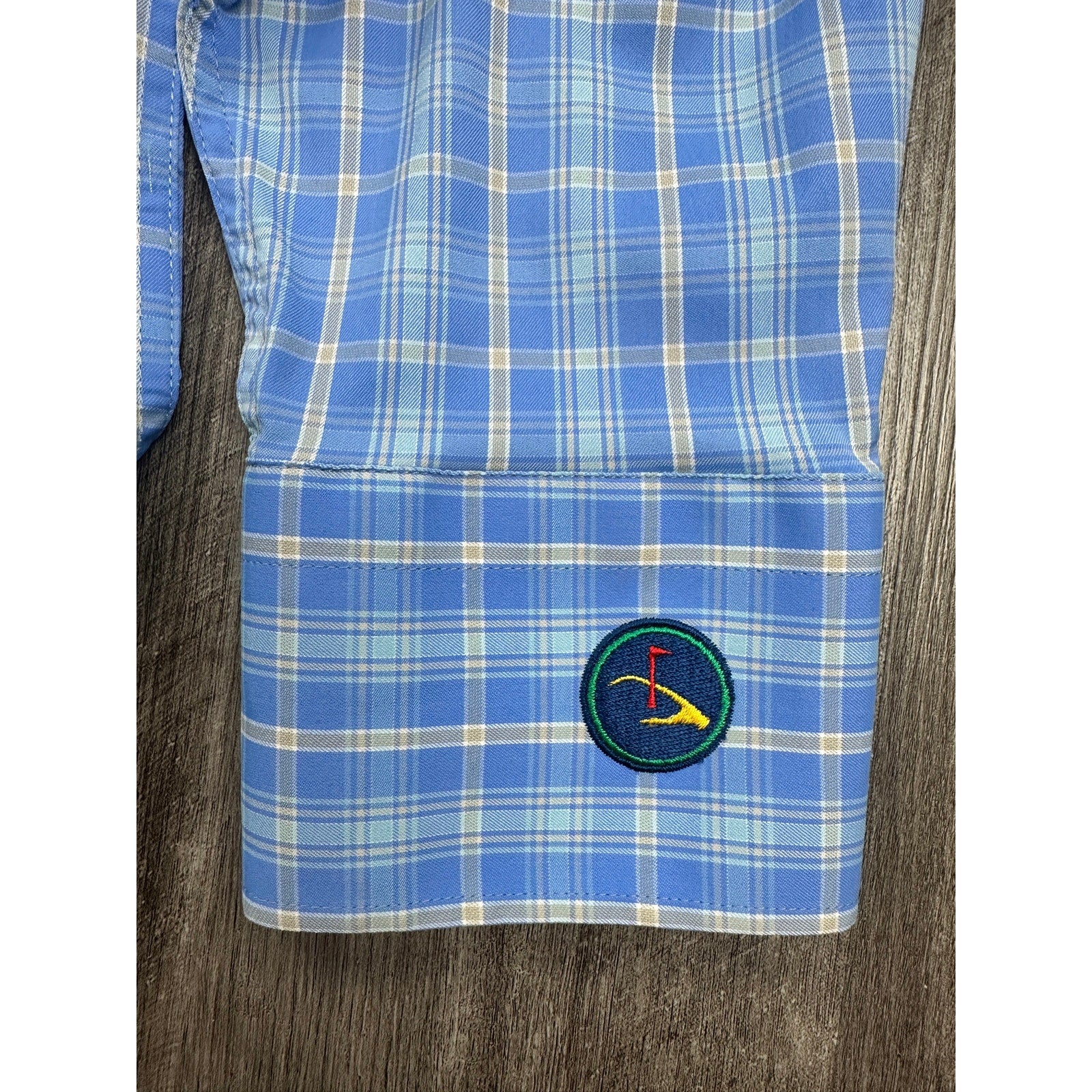 Peter Millar Summer Comfort Plaid Eagle Point Golf Club Long Sleeve Button Down in Blue Tan White — Size Large // Preowned