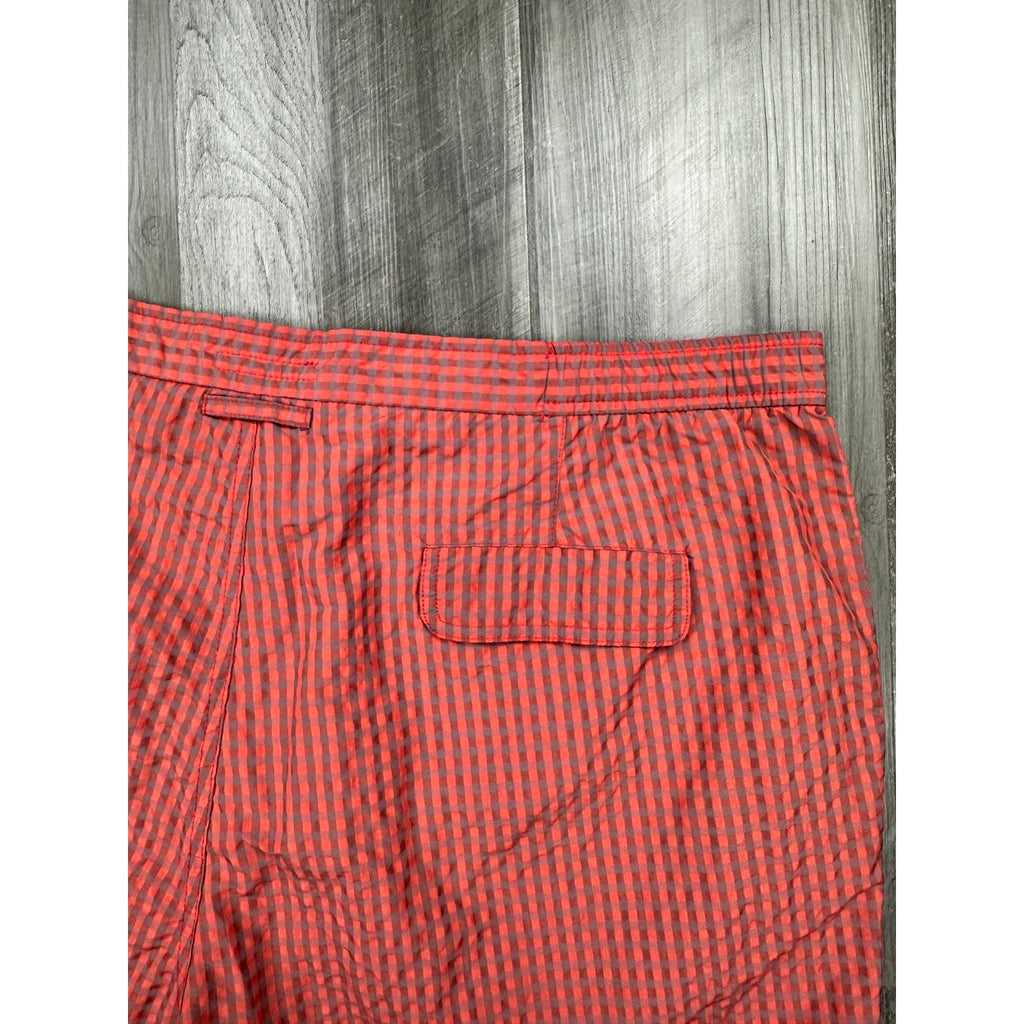 Peter Millar Seersucker Gingham Swim Trunks in Red, Gray — Size 2XL // Preowned
