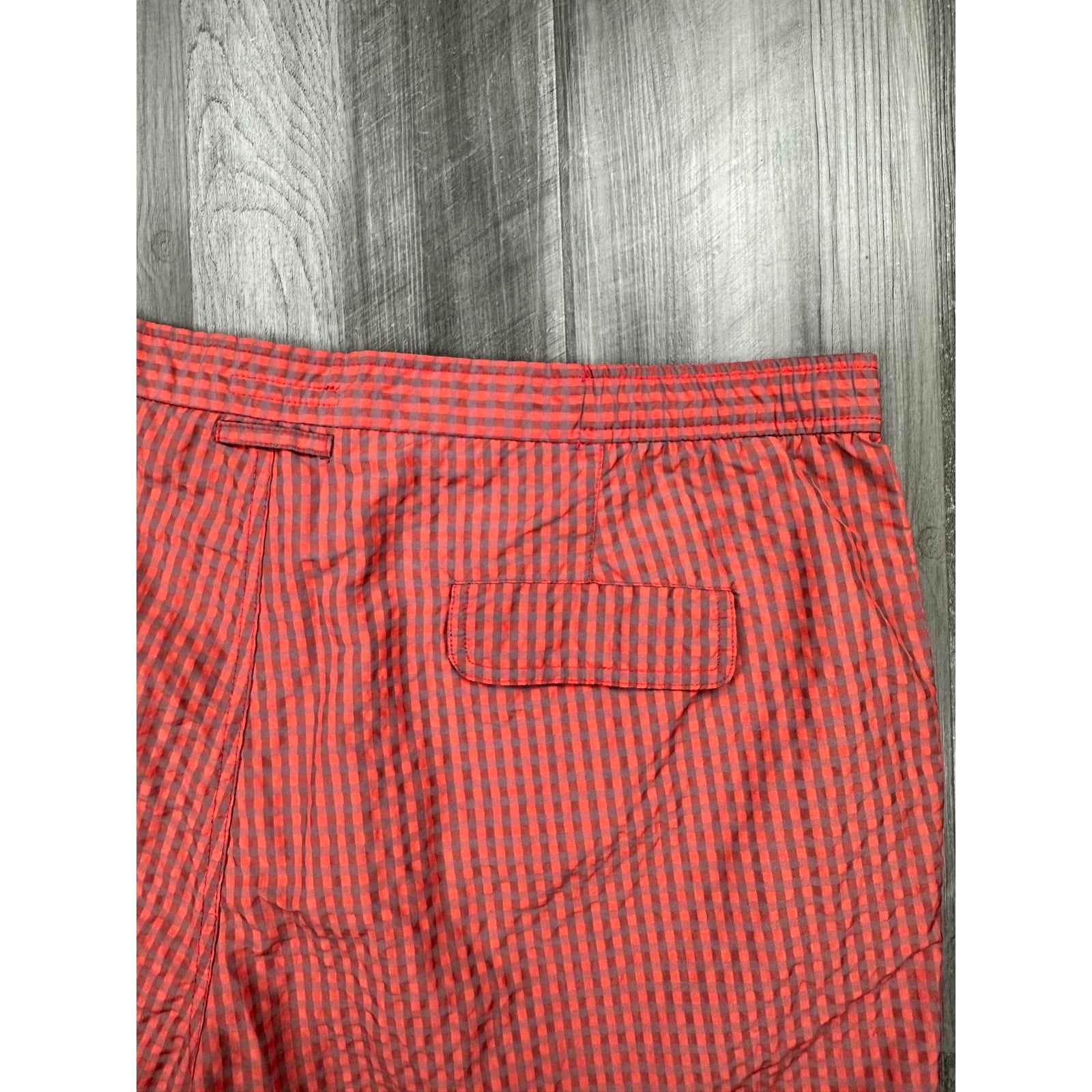 Peter Millar Seersucker Gingham Swim Trunks in Red, Gray — Size 2XL // Preowned