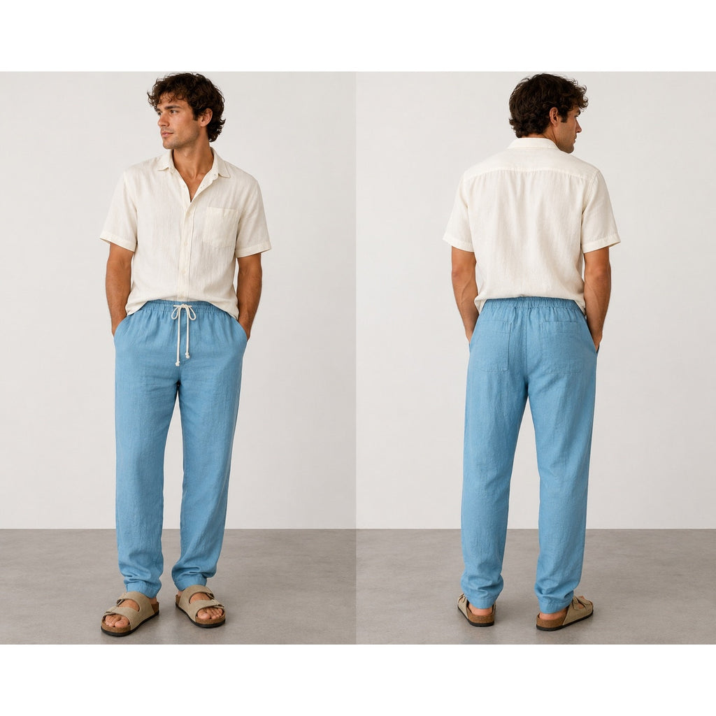 Alex Crane Bo Drawstring Linen Pants in Blue — Size Medium
