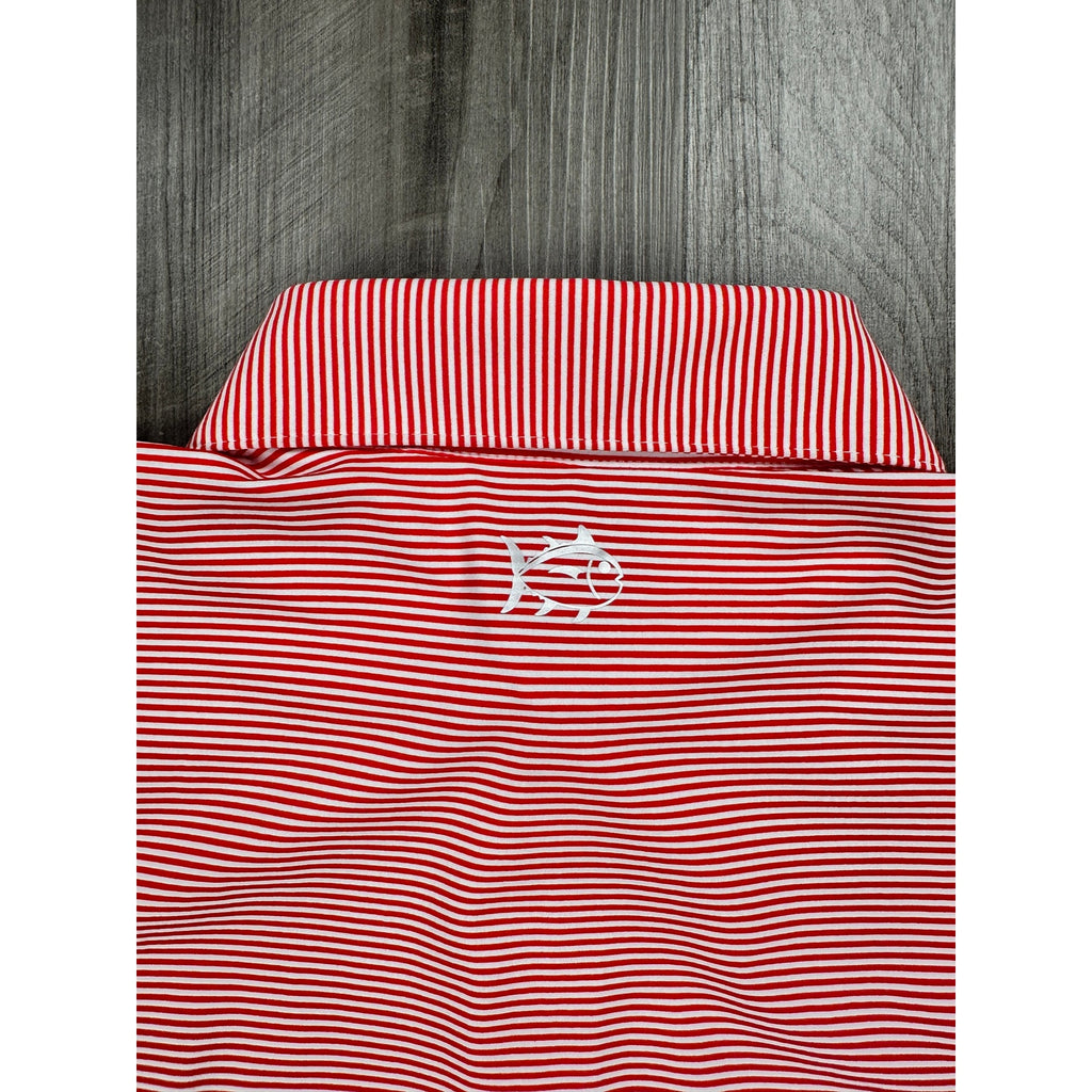 Southern Tide Brrr Meadowbrooke Striped Golf Polo in Poppy Red and White — Size Small