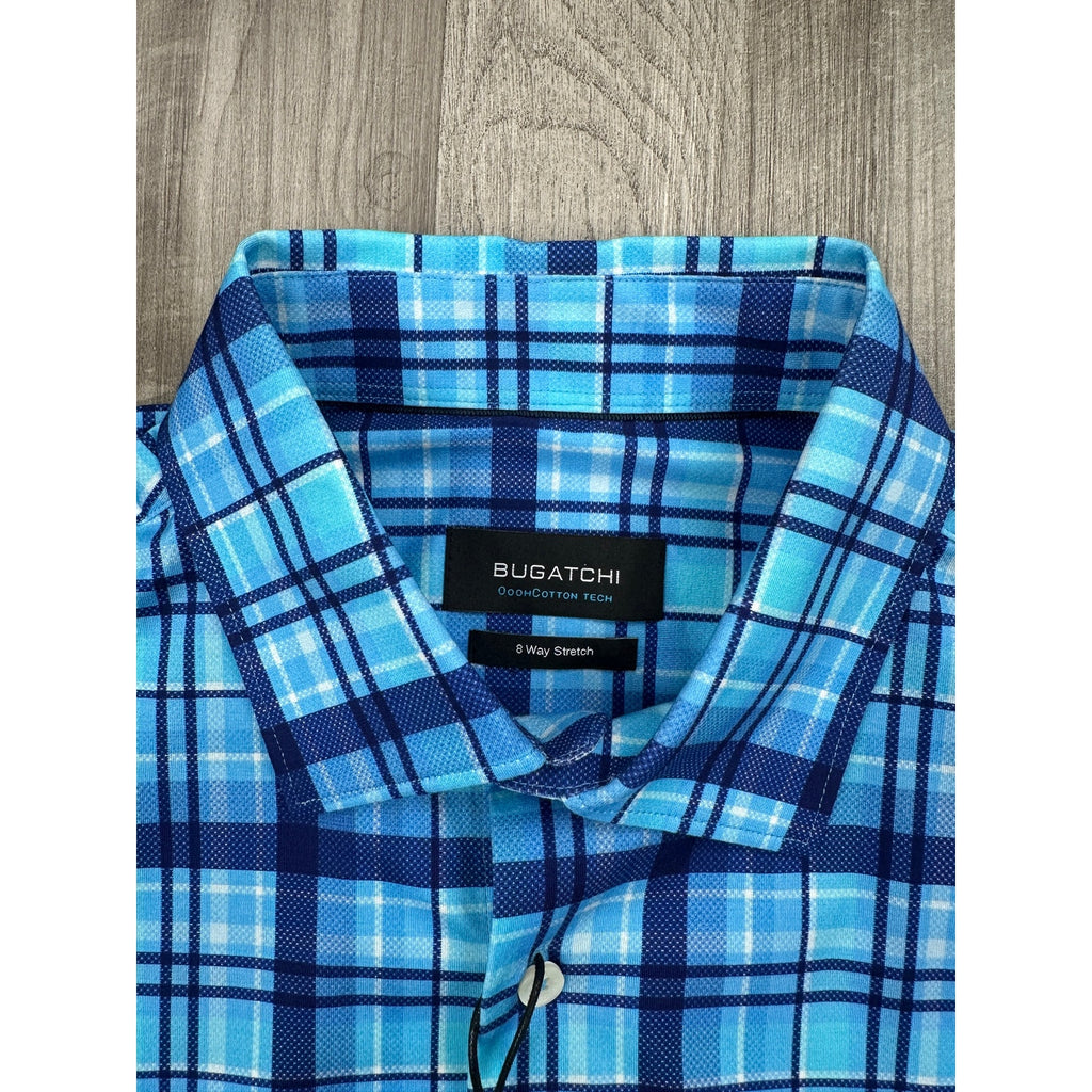 Bugatchi Plaid OoohCotton 8 Way Stretch Short Sleeve Shirt in Classic Blue — Size Medium