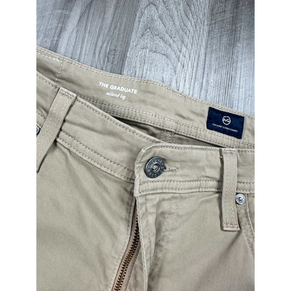 AG Adriano Goldschmied Graduate Tailored Leg Sueded Stretch Sateen Chino Jean in Khaki — Size 34x32 // Preowned