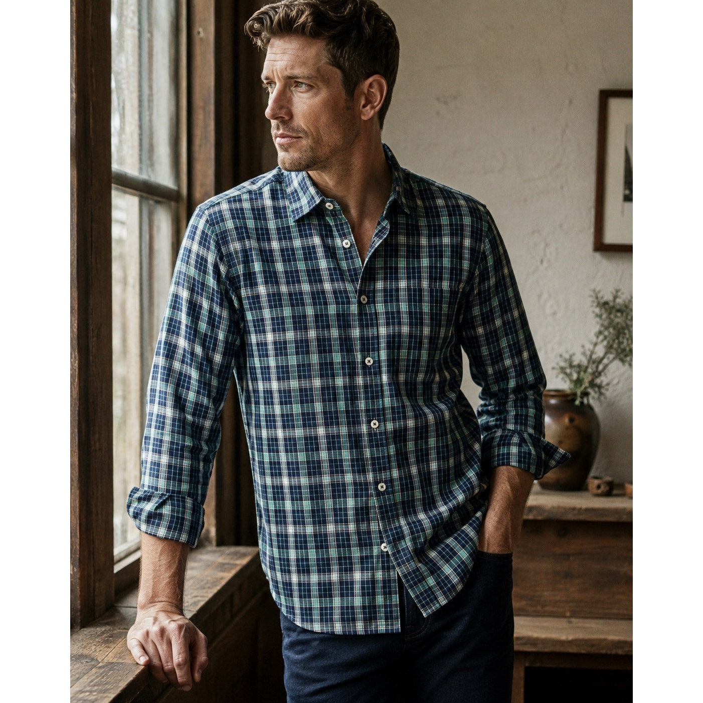 Billy Reid Standard Cut Plaid Long Sleeve Shirt in Navy, Teal, White — Size Medium // Preowned