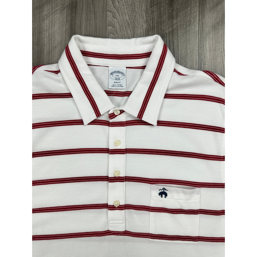 Brooks Brothers Slim Fit Striped Pique Polo in White, Red — Size 2XL
