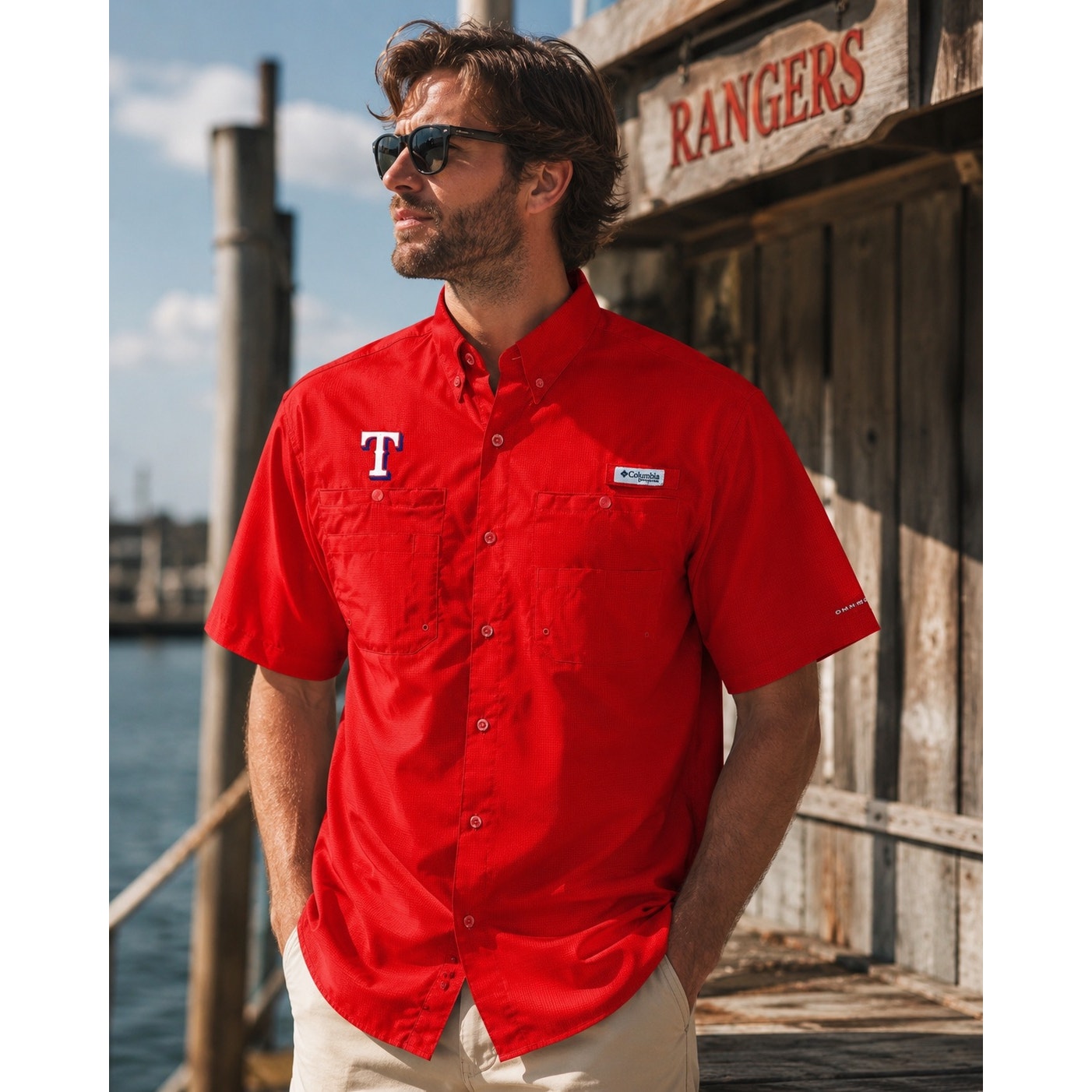 Columbia Texas Rangers Tamiami Omni-Shade PFG Vented Button Down in Red — Size L // Preowned