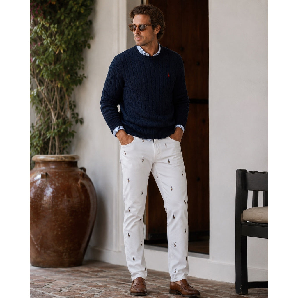 Polo Ralph Lauren All Over Pony Print The Sullivan Slim Jeans in White — Size 30x30