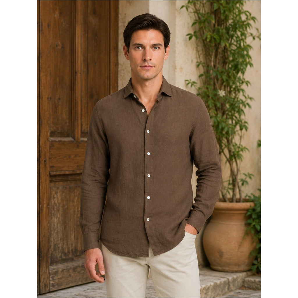 Luca Avitabile Handmade Shirts Brown Linen Long Sleeve Button Down - Large